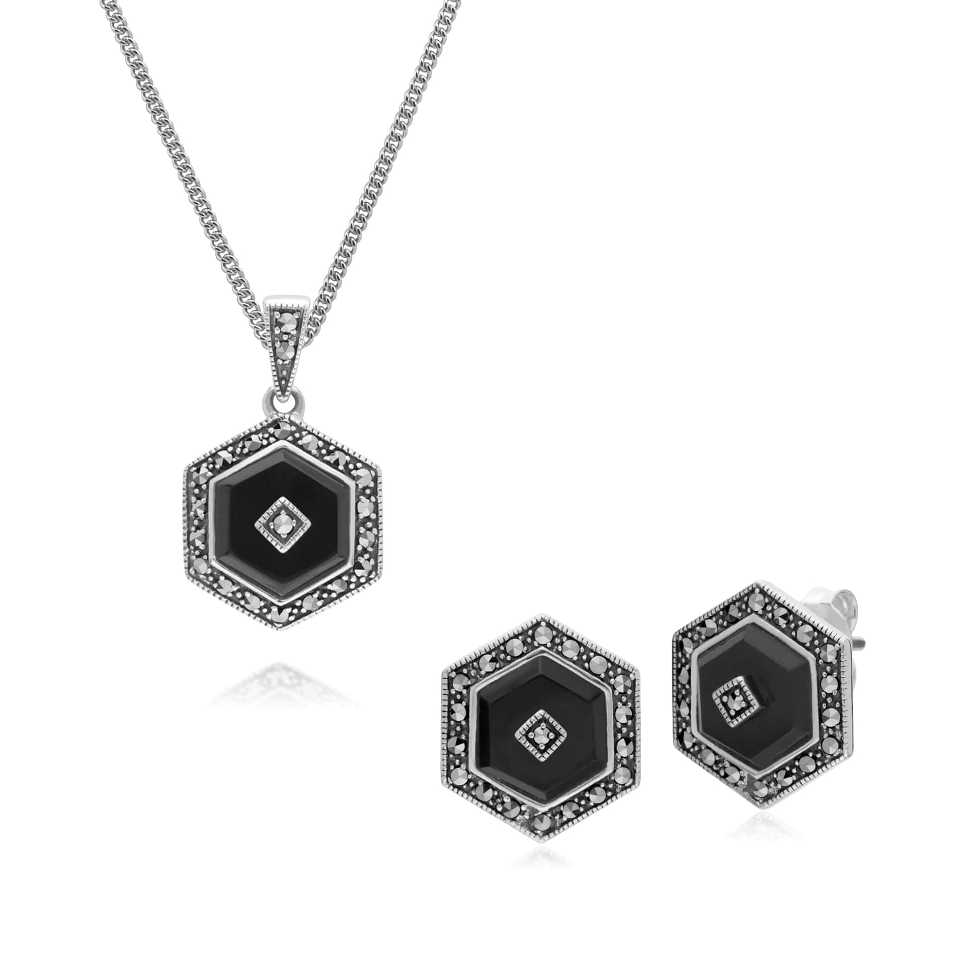 214E872902925-214P303502925 Art Deco Style Black Onyx and Marcasite Hexagon Stud Earrings & Pendant Set in 925 Sterling Silver 1