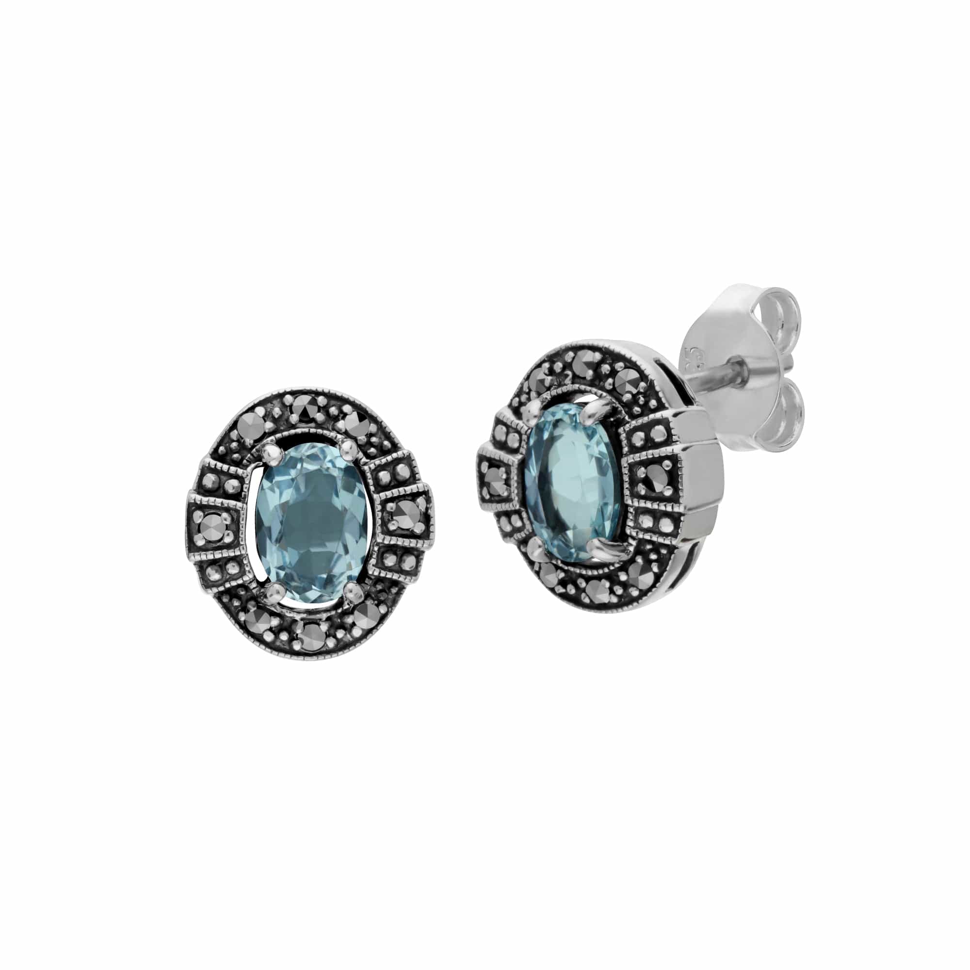 214E873001925-214R605701925 Art Deco Style Oval Blue Topaz and Marcasite Cluster Stud Earrings & Ring Set in 925 Sterling Silver 2