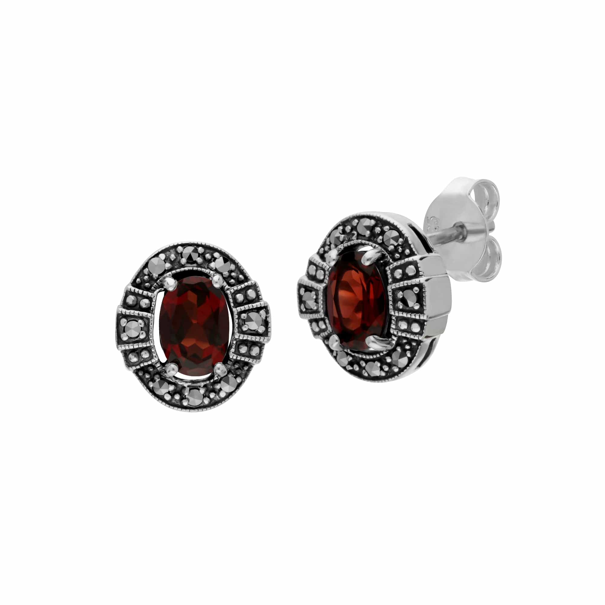 214E873003925-214R605703925 Art Deco Style Oval Garnet and Marcasite Cluster Stud Earrings & Ring Set in 925 Sterling Silver 2