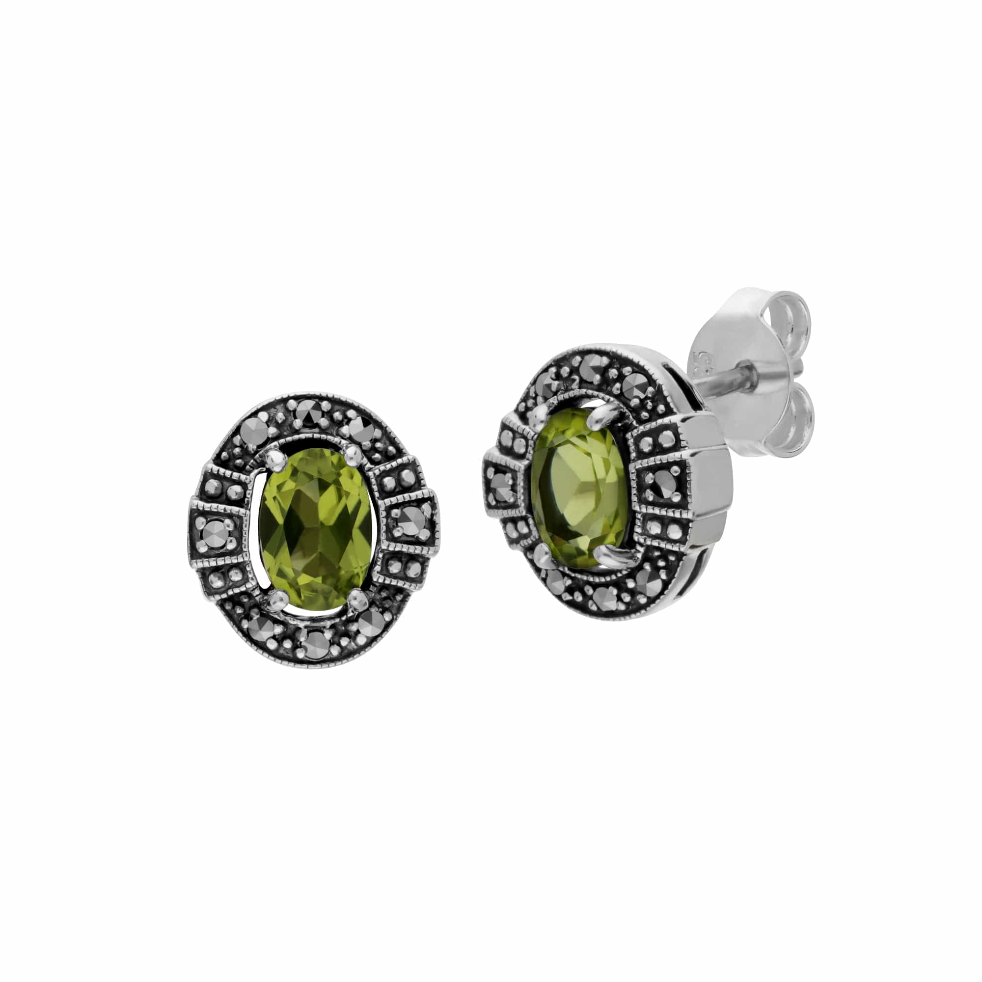 214E873004925-214R605704925 Art Deco Style Oval Peridot and Marcasite Cluster Stud Earrings & Ring Set 2