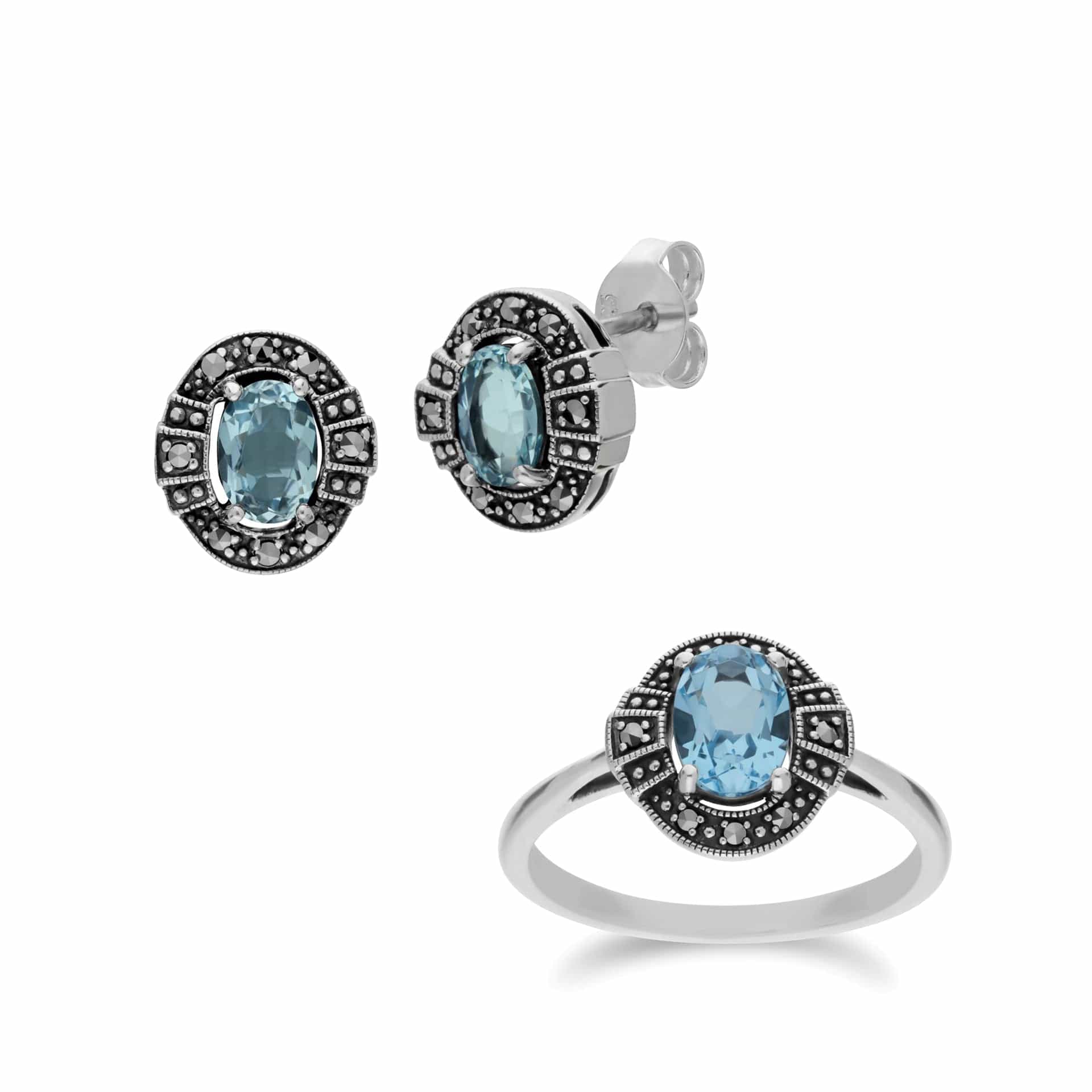 214E873001925-214R605701925 Art Deco Style Oval Blue Topaz and Marcasite Cluster Stud Earrings & Ring Set in 925 Sterling Silver 1