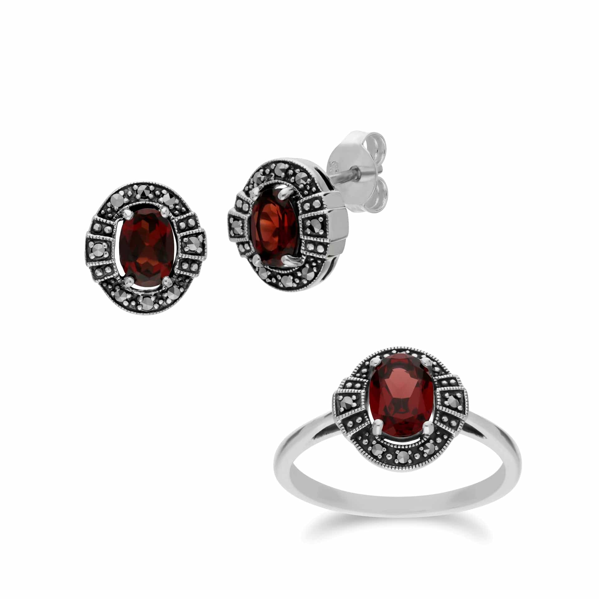 214E873003925-214R605703925 Art Deco Style Oval Garnet and Marcasite Cluster Stud Earrings & Ring Set in 925 Sterling Silver 1