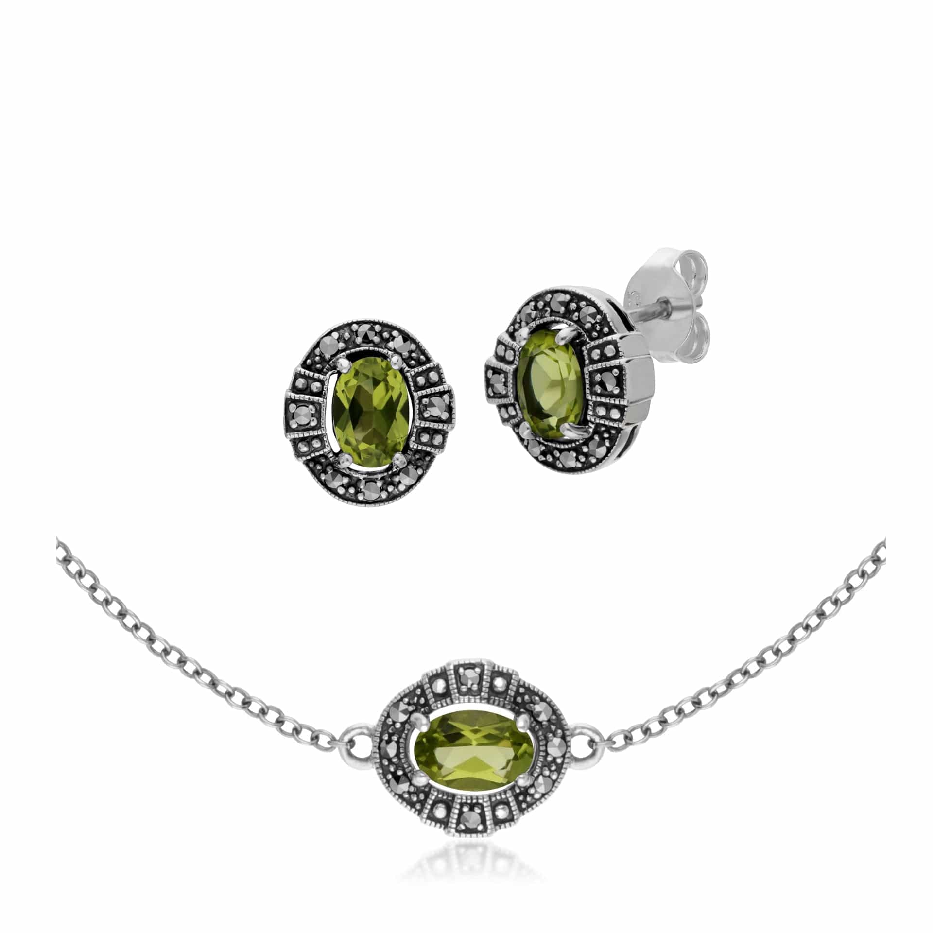 214E873004925-214L165404925 Art Deco Style Oval Peridot and Marcasite Cluster Stud Earrings & Bracelet Set in 925 Sterling Silver 1