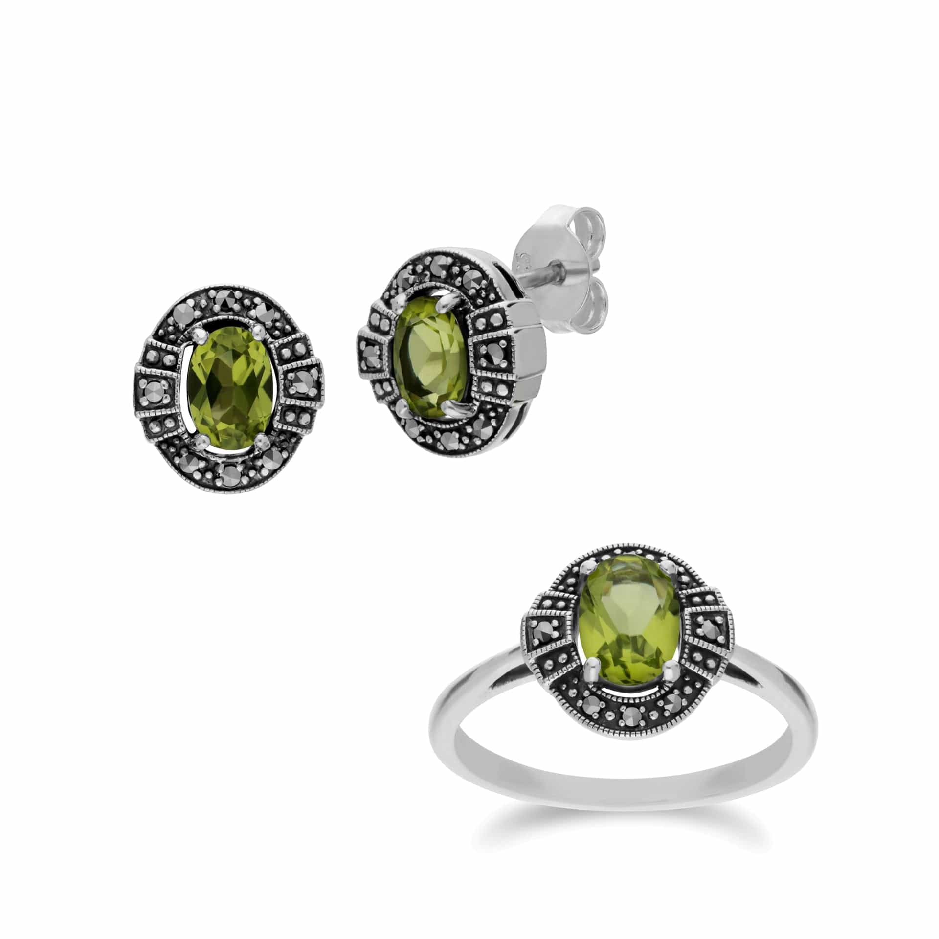 214E873004925-214R605704925 Art Deco Style Oval Peridot and Marcasite Cluster Stud Earrings & Ring Set 1