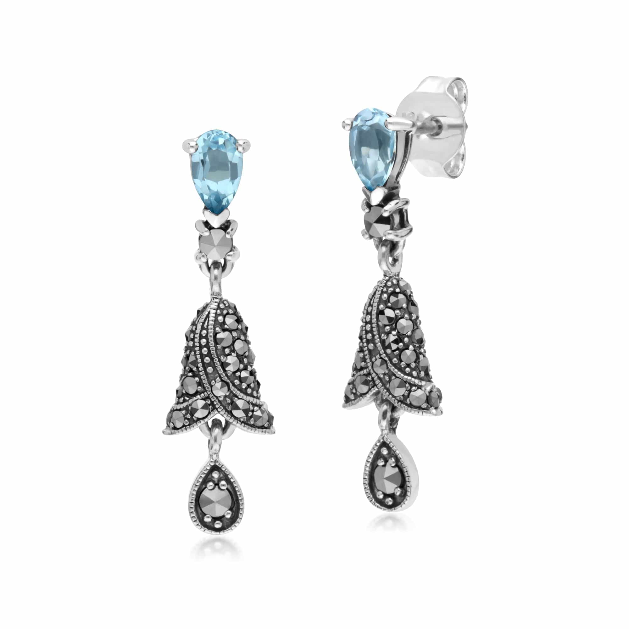 214E873101925 Art Nouveau Style Blue Topaz and Marcasite Bell Drop Earrings in 925 Silver 1