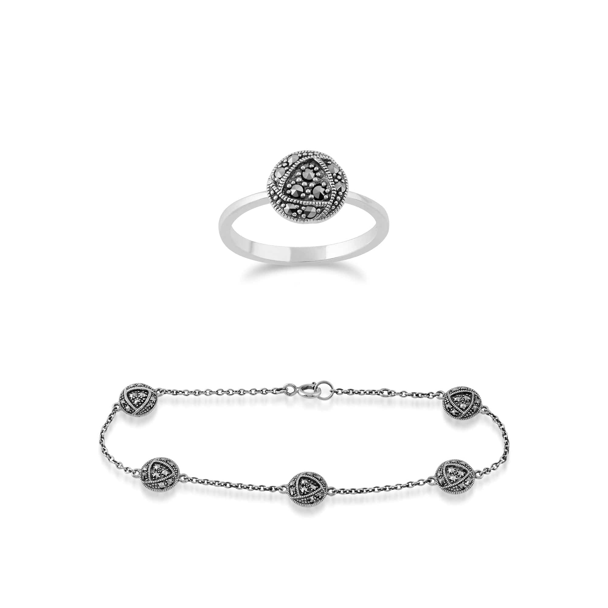 214L161601925-214R591301925 Rennie Mackintosh Inspired Round Marcasite Glasgow Rose Bracelet & Ring Set in 925 Sterling Silver 1