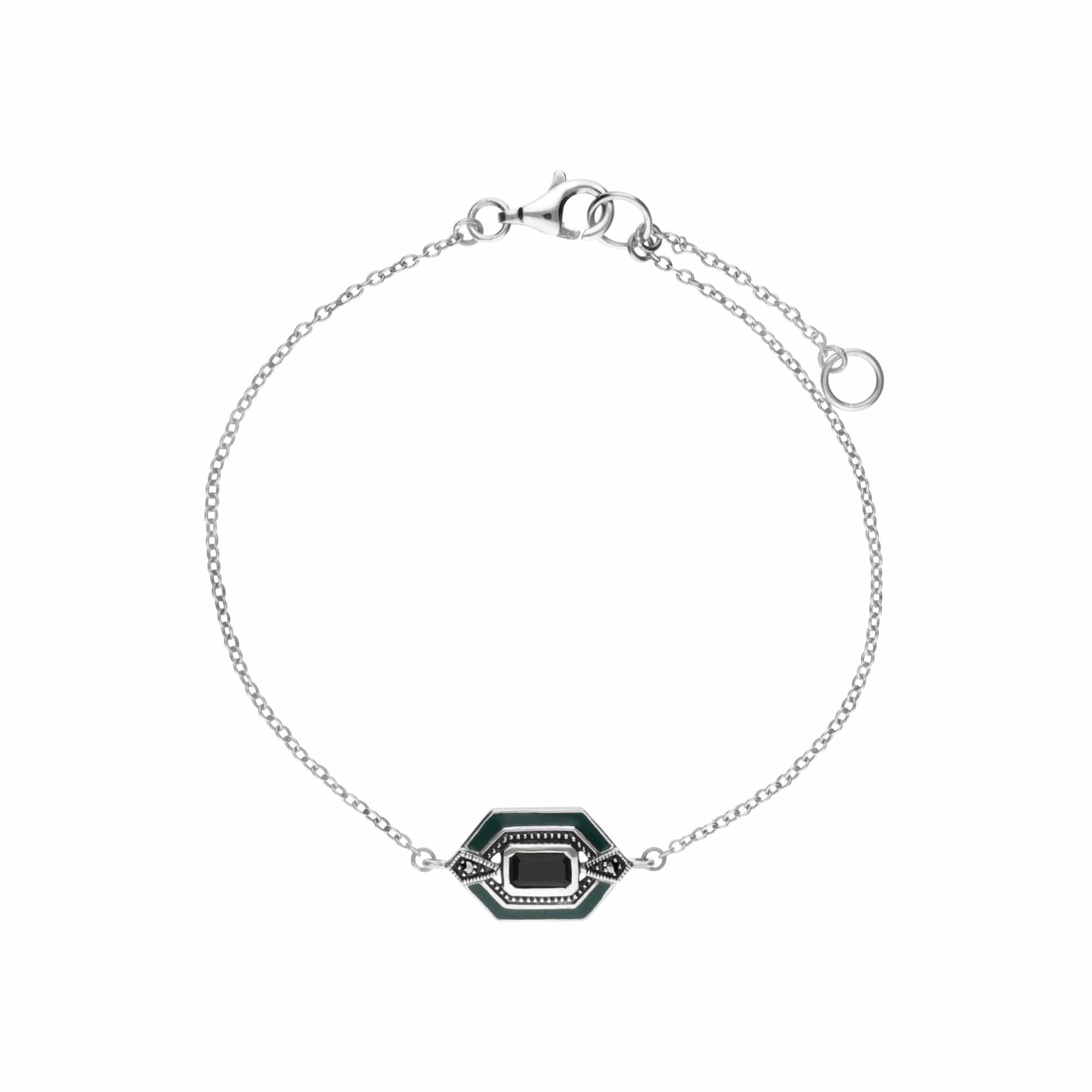 214L164504925 Art Deco Style Octagon Onyx, Marcasite & Green Enamel Hexagon Bracelet 1