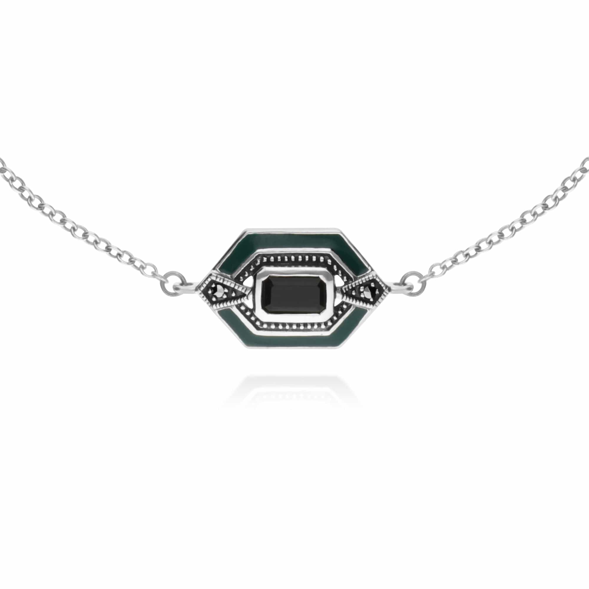 214L164504925-214R602604925 Art Deco Style Black Onyx, Marcasite & Green Enamel Hexagon Ring & Bracelet Set in 925 Sterling Silver 2
