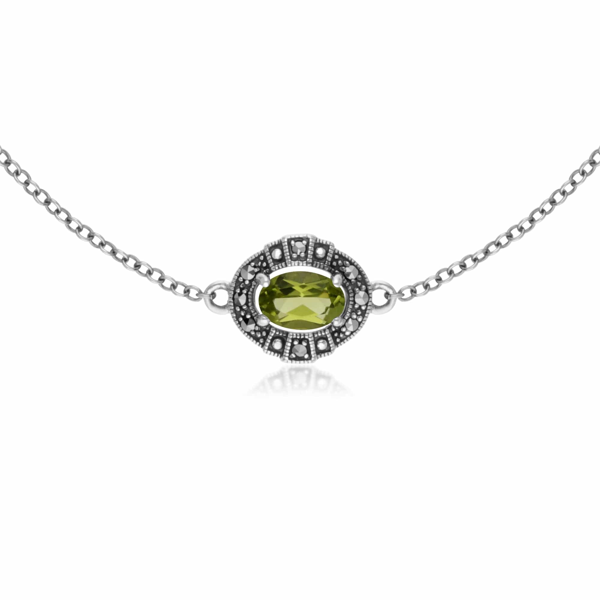 214L165404925-214R605704925 Art Deco Style Oval Peridot and Marcasite Cluster Ring & Bracelet Set in 925 Sterling Silver 2