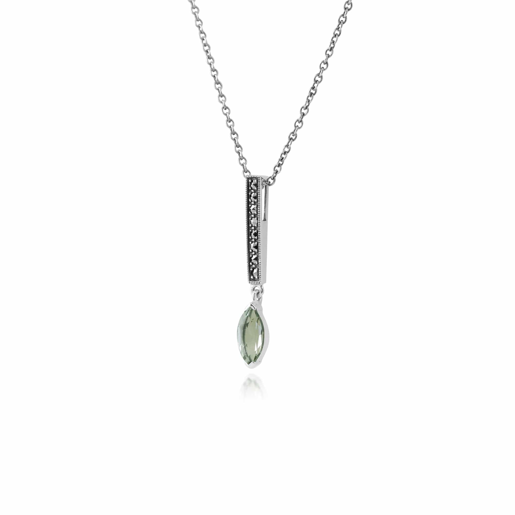 214N178708925 Art Deco Style Marquise Mint Green Quartz & Marcasite Bar Pendant in 925 Sterling Silver 2