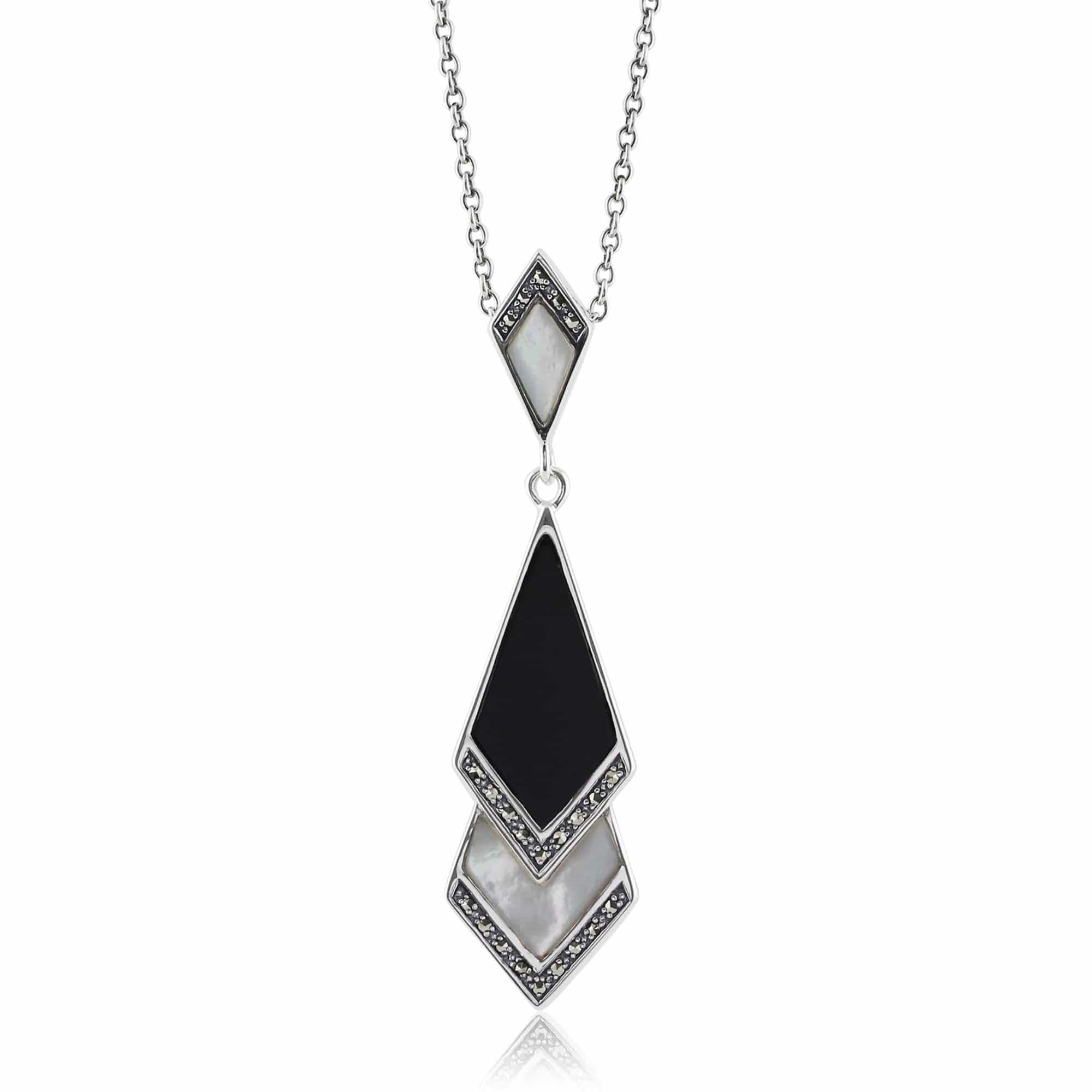 Art Deco Black Onyx & Mother of Pearl Fan Drop Earrings & Necklace Set Image 4