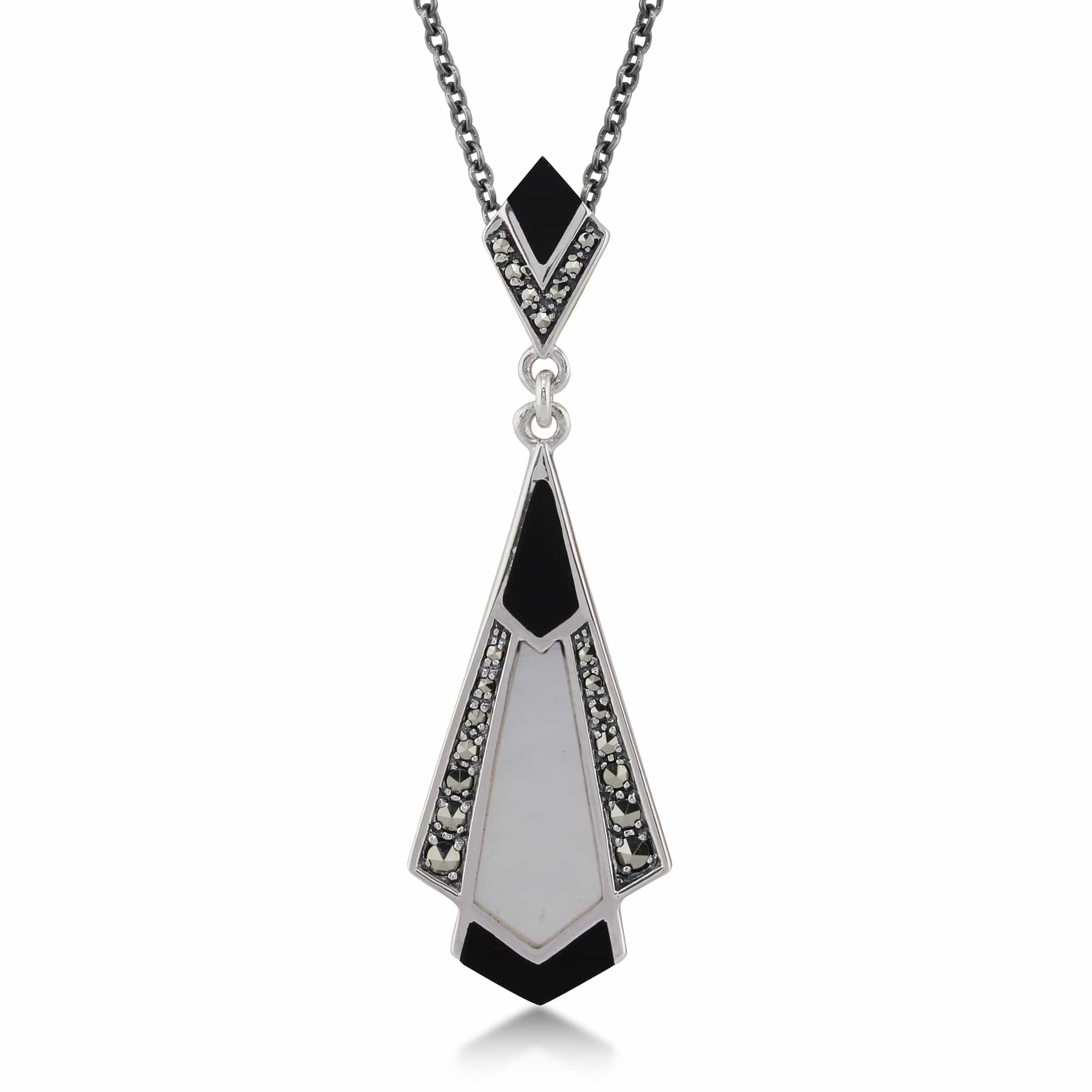 Art Deco Style Cabochon Black Onyx, Mother of Pearl & Marcasite Pendant in 925 Sterling Silver - Gemondo