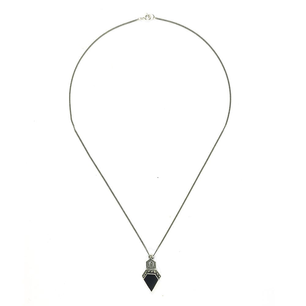 Art Deco Black Onyx & Round Marcasite Stud Drop Earrings & Pendant Set Image 5