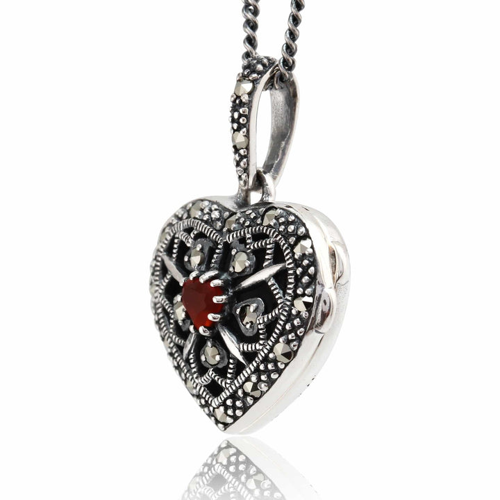 27077 Art Nouveau Style Heart Cornelian & Marcasite Locket on Chain in 925 Sterling Silver 2