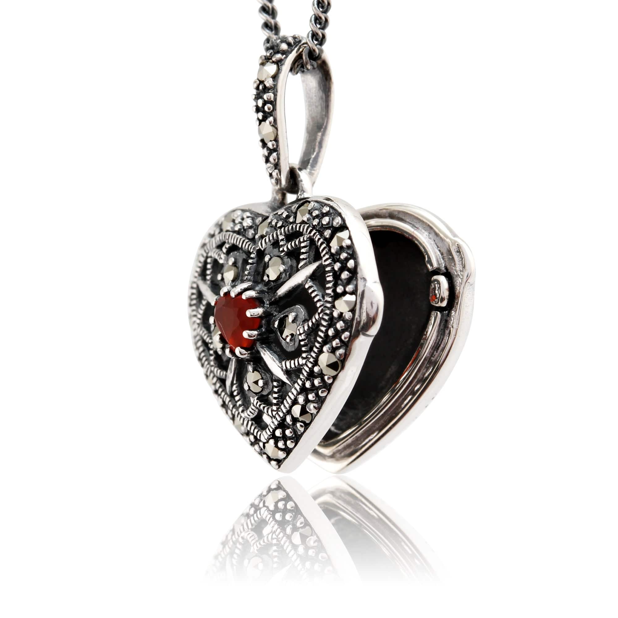 Art Nouveau Style Heart Cornelian & Marcasite Locket on Chain in 925 Sterling Silver - Gemondo