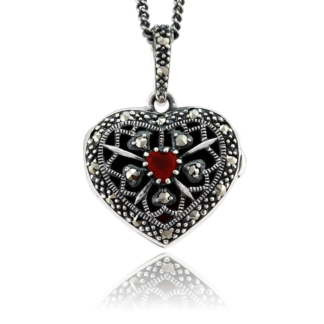 Art Nouveau Style Heart Cornelian & Marcasite Locket on Chain in 925 Sterling Silver - Gemondo