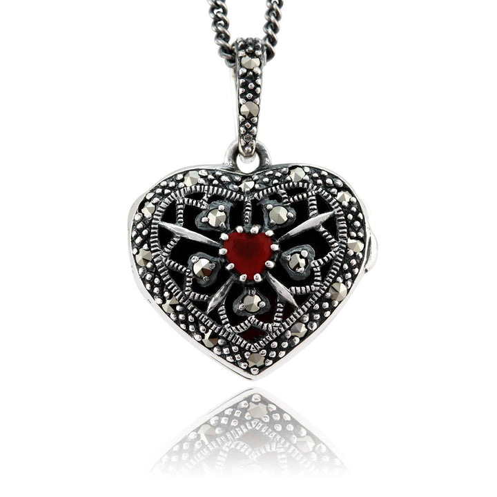 Art Nouveau Style Heart Cornelian & Marcasite Locket on Chain in 925 Sterling Silver - Gemondo