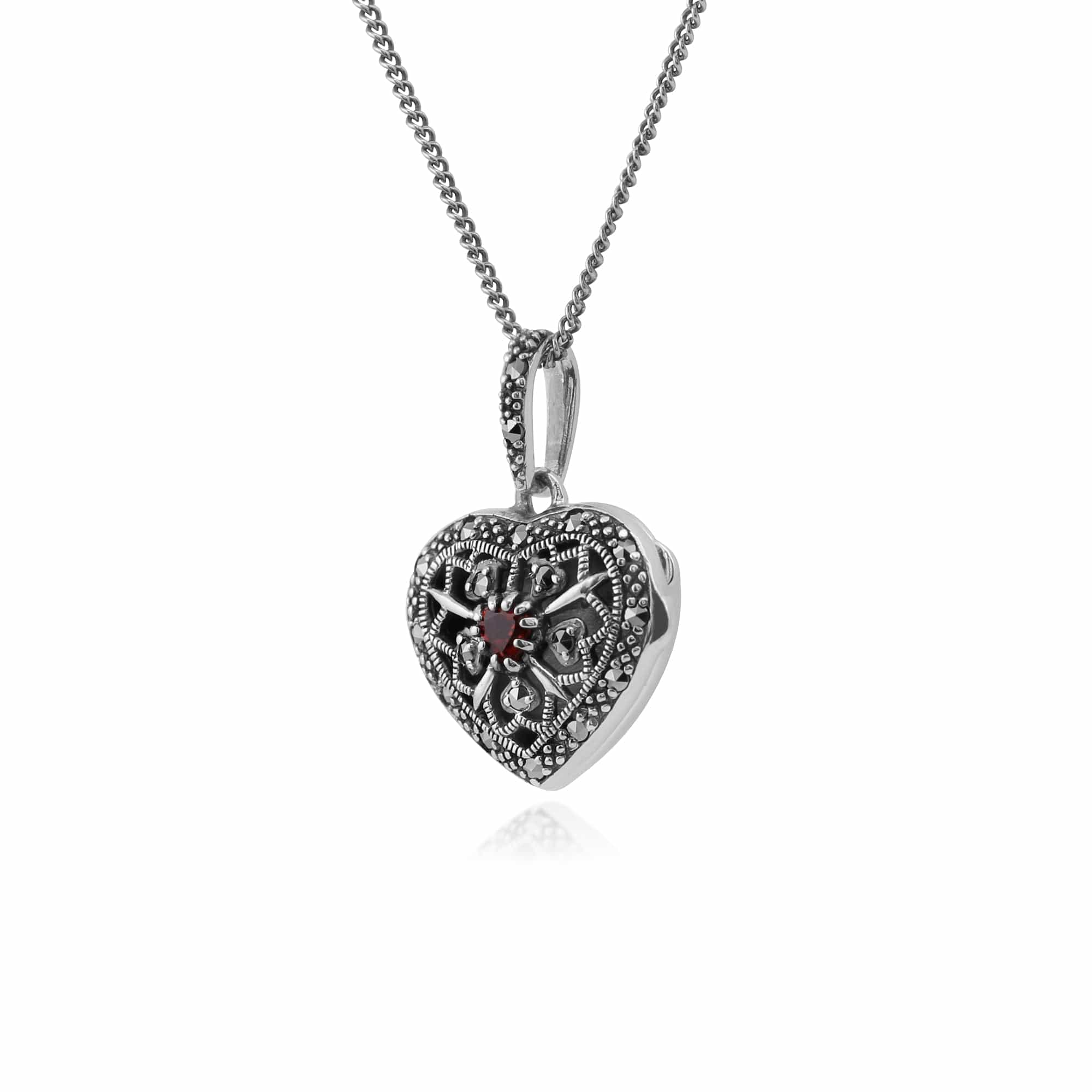 Art Nouveau Style Round Garnet & Marcasite Heart Necklace in 925 Sterling Silver - Gemondo