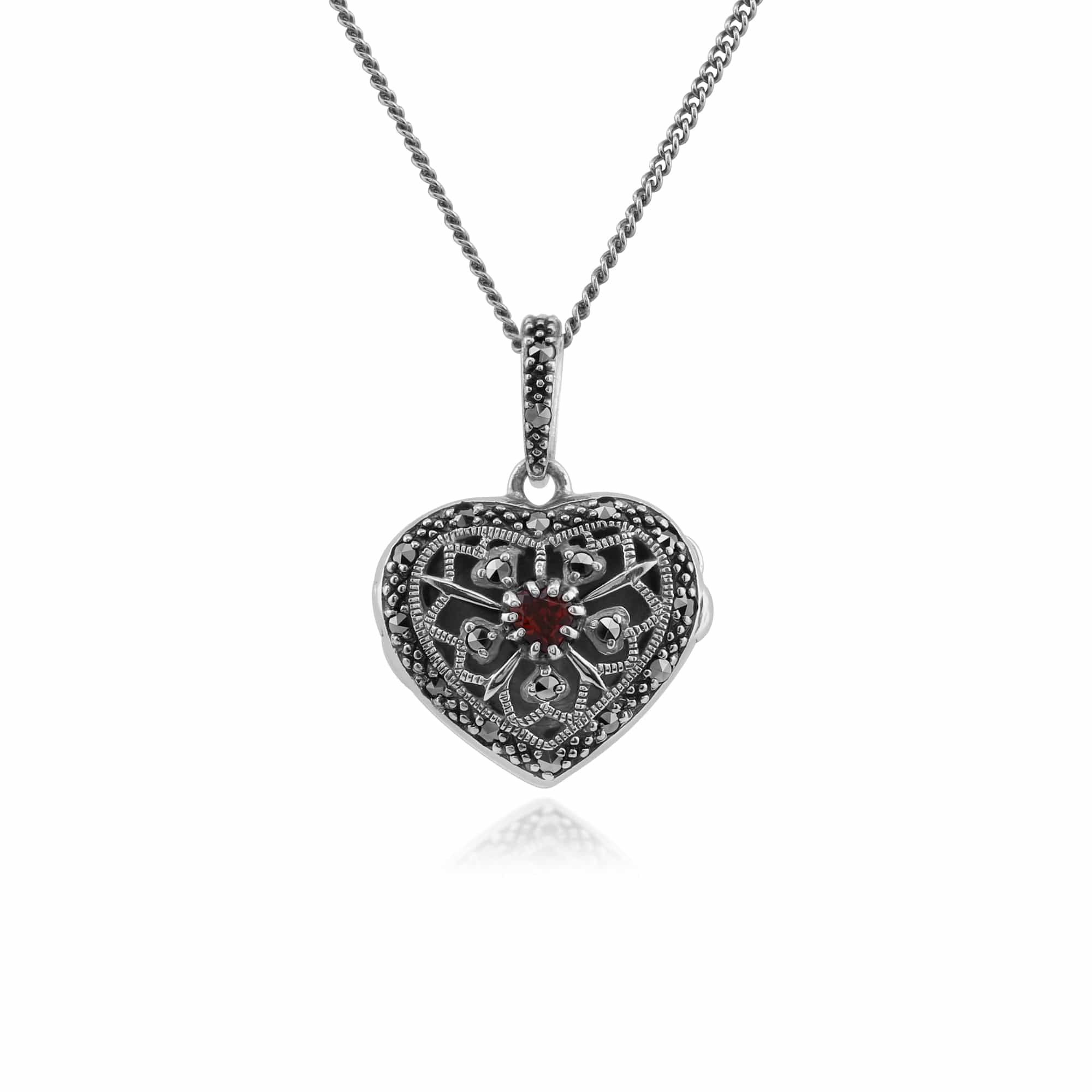 Art Nouveau Style Round Garnet & Marcasite Heart Necklace in 925 Sterling Silver - Gemondo