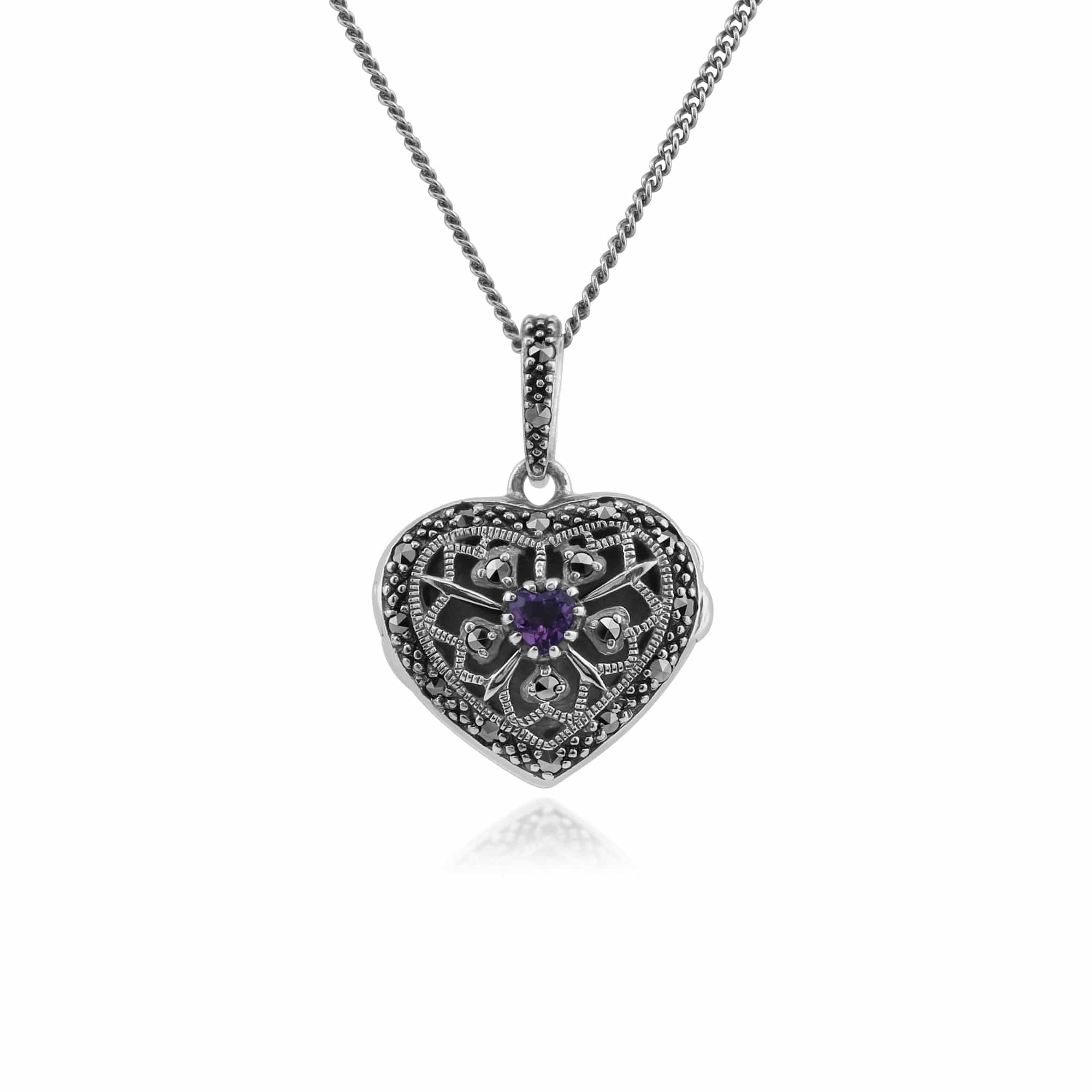 Art Nouveau Style Round Amethyst & Marcasite Heart Necklace in 925 Sterling Silver - Gemondo
