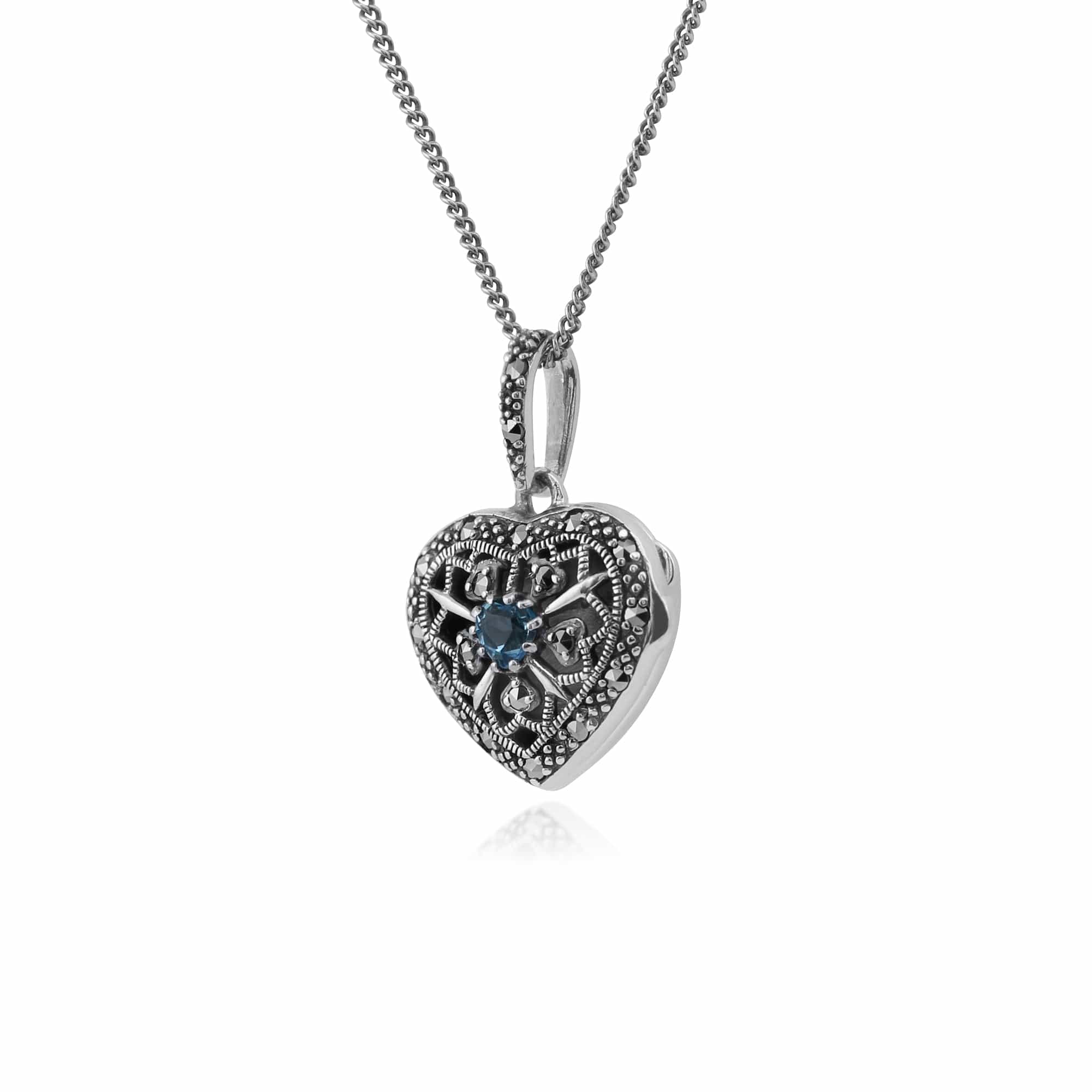 Art Nouveau Style Round Blue Topaz & Marcasite Heart Necklace in 925 Sterling Silver - Gemondo