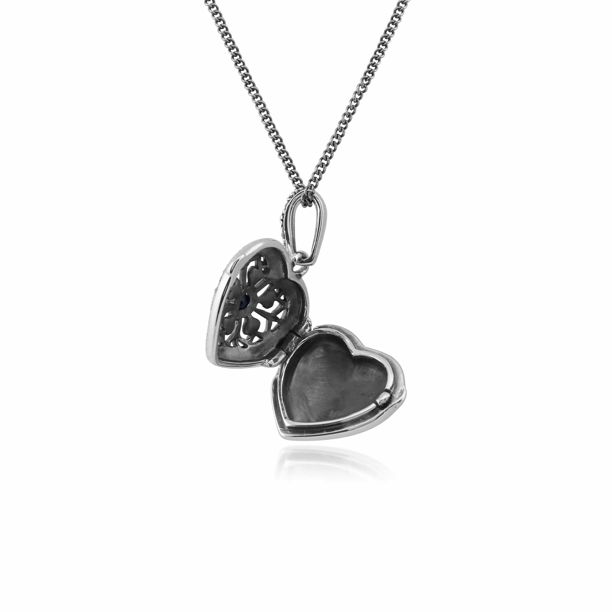 Art Nouveau Style Round Sapphire & Marcasite Heart Necklace in 925 Sterling Silver - Gemondo