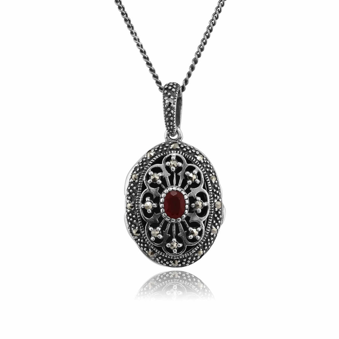 Victorian Style Oval Cornelian & Marcasite Locket on Chain in Sterling Silver - Gemondo