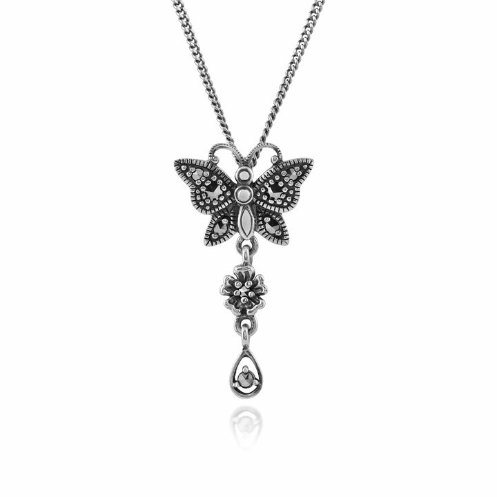 Art Nouveau Style Round Marcasite Butterfly Pendant in 925 Sterling Silver - Gemondo