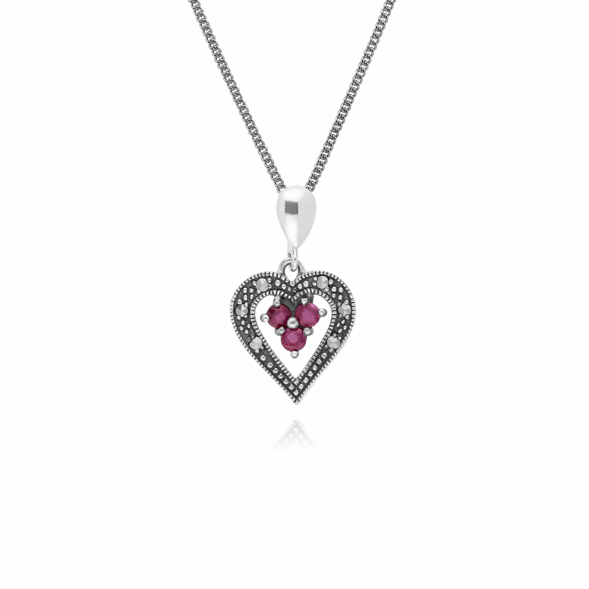 214E616102925-214N481204925 Art Nouveau Style Style Round Ruby & Marcasite Heart Earrings & Pendant Set in 925 Sterling Silver 3