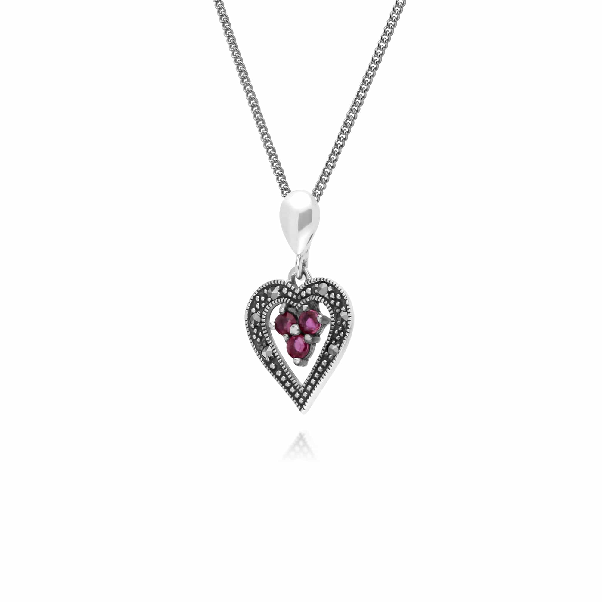 Art Deco Style  Round Ruby & Marcasite Heart Pendant in 925 Sterling Silver - Gemondo