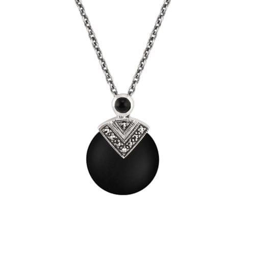Art Deco Style Round Black Onyx & Marcasite Pendant in 925 Sterling Silver - Gemondo
