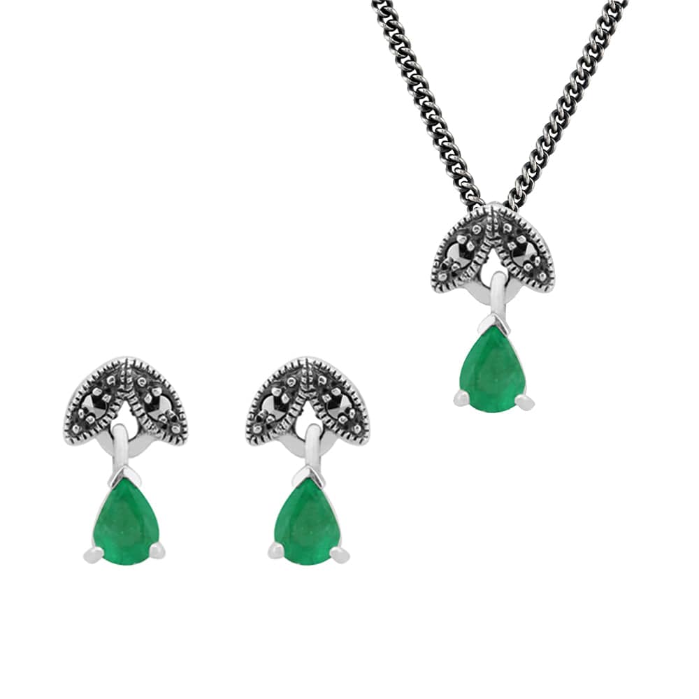 214E686104925-214N488906925 Art Deco Style Style Pear Emerald & Marcasite Leaf Stud Earrings & Pendant Set in 925 Sterling Silver 1