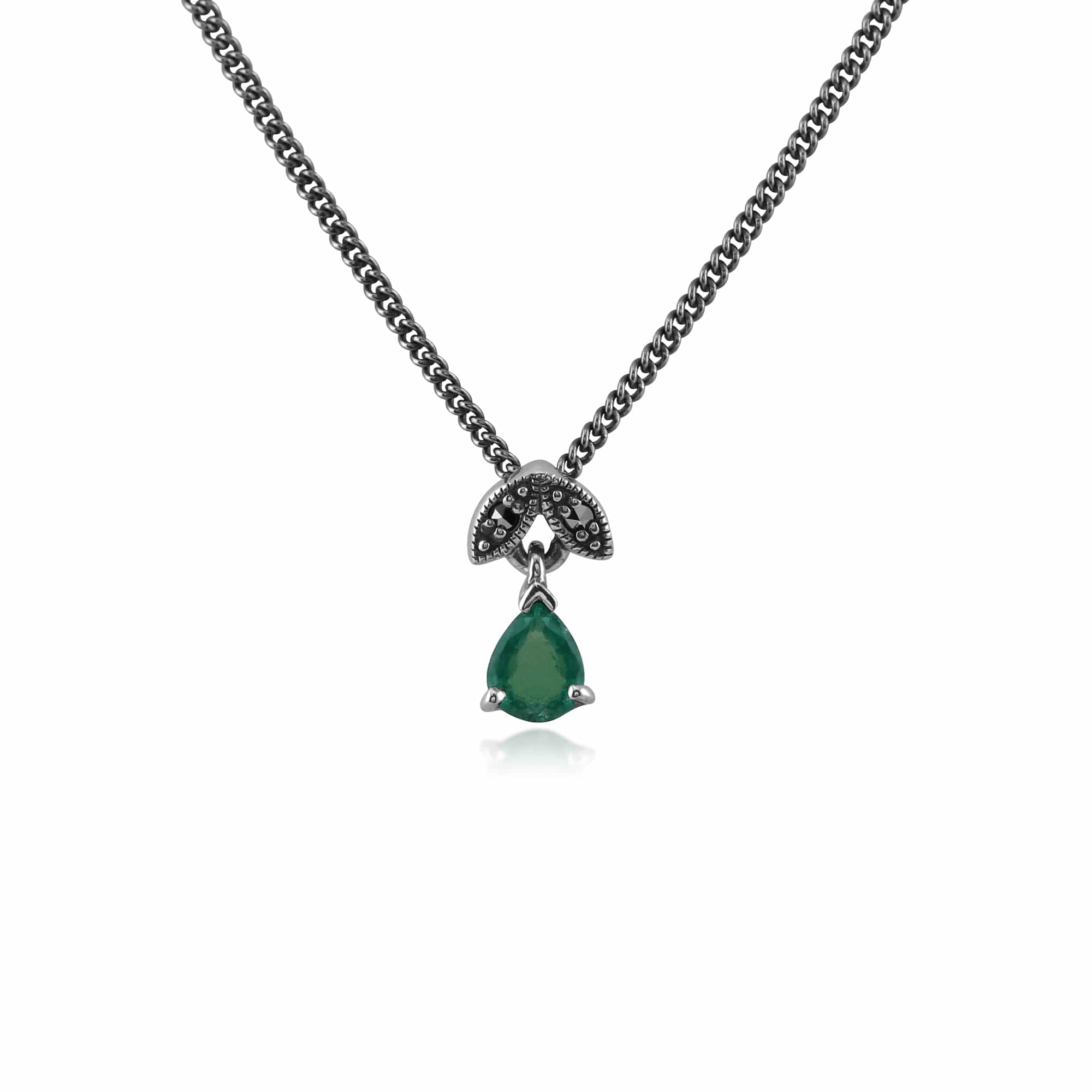 Art Nouveau Style Pear Emerald & Marcasite Pendant in 925 Sterling Silver - Gemondo