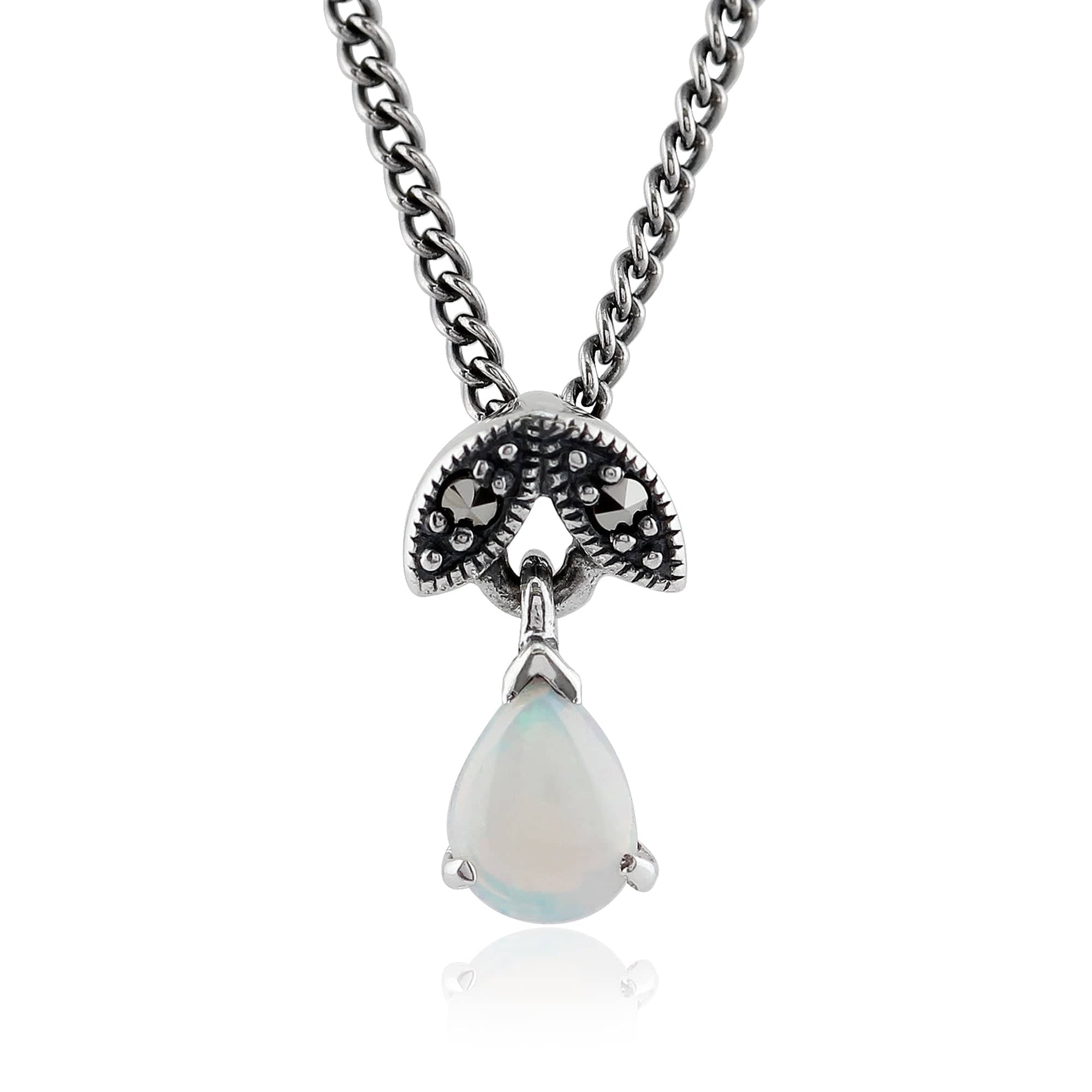 Art Nouveau Style Pear Opal & Marcasite Pendant in 925 Sterling Silver - Gemondo
