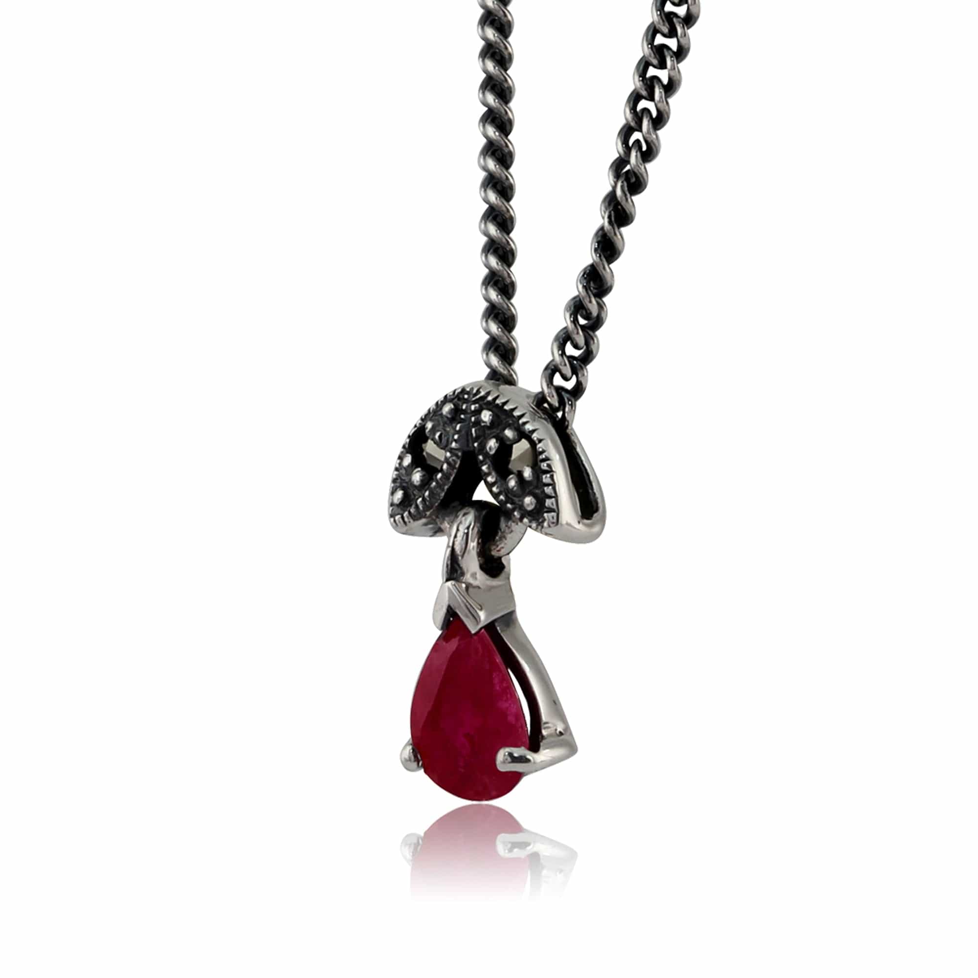 Art Nouveau Style Pear Ruby & Marcasite Pendant in 925 Sterling Silver - Gemondo