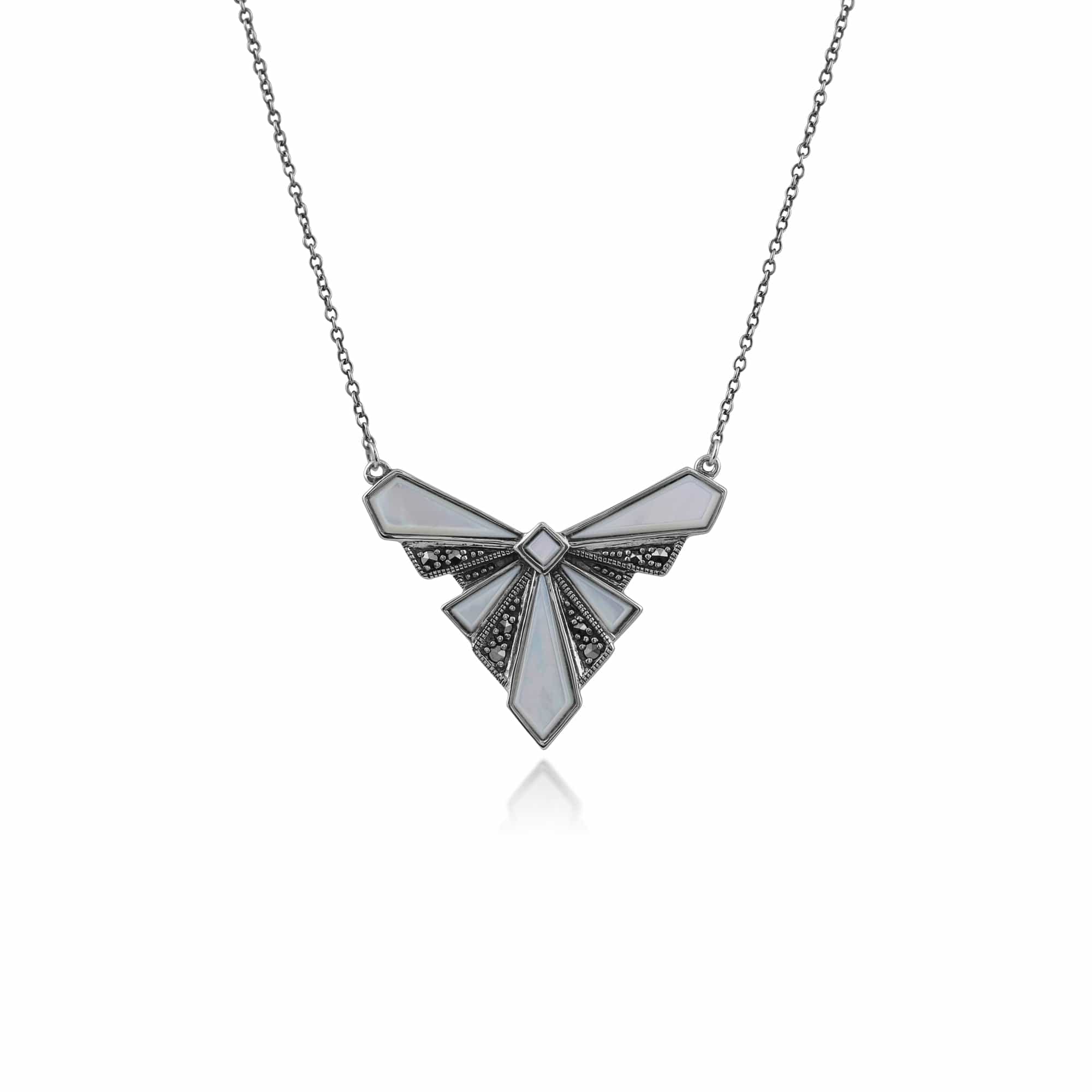 Art Deco Style Mother of Pearl & Marcasite Fan Style Necklace in 925 Sterling Silver - Gemondo