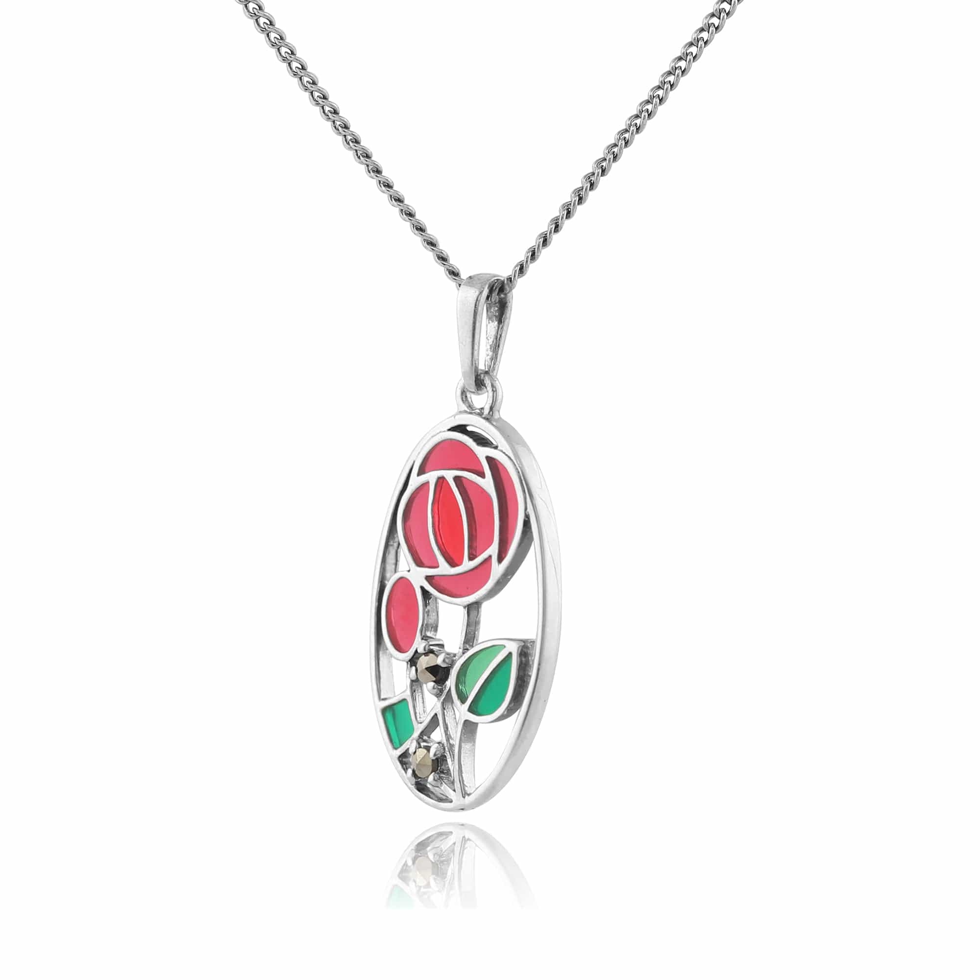 214E813001925-214N509101925 Rennie Mackintosh Inspired Inspired Enamel Glasgow Rose Oval Drop Earrings & Pendant in 925 Sterling Silver 5