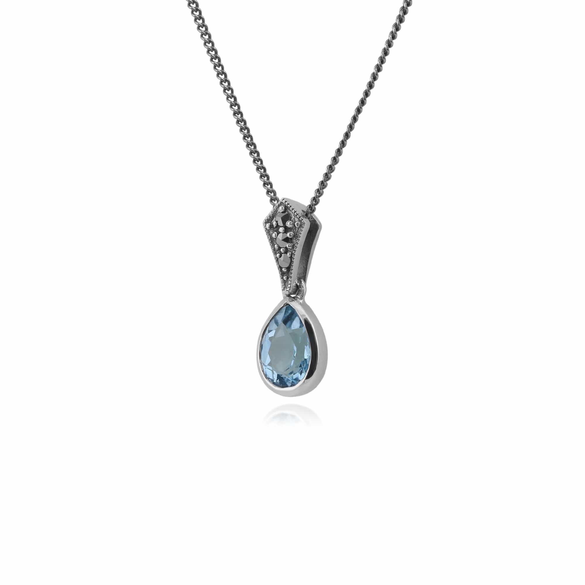 214N515603925 Art Deco Style Oval Pear Blue Topaz & Marcasite Pendant in 925 Sterling Silver 2