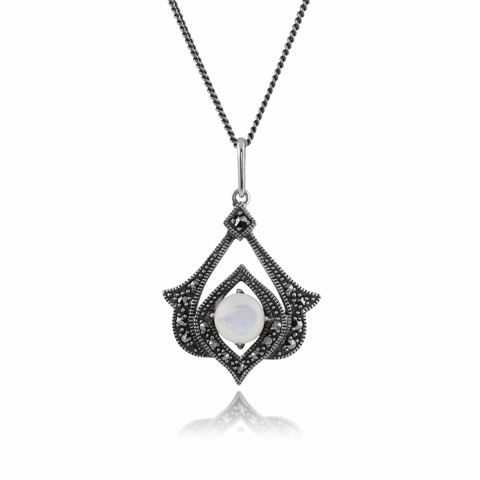 Art Nouveau Style Mother of Pearl & Marcasite Open Work Pendant in 925 Sterling Silver - Gemondo