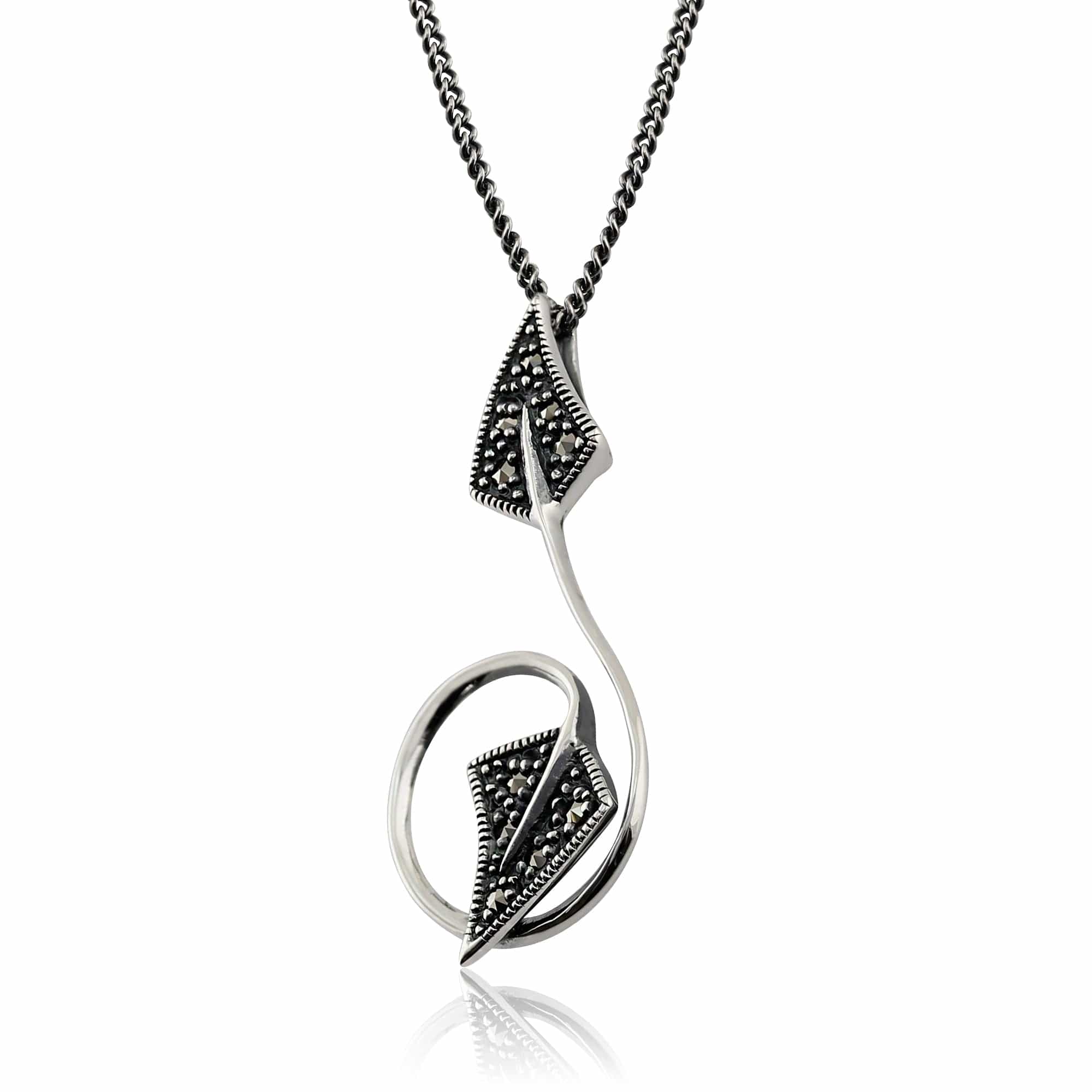 214N539301925 Art Nouveau Style Round Marcasite Leaf Pendant in 925 Sterling Silver 2