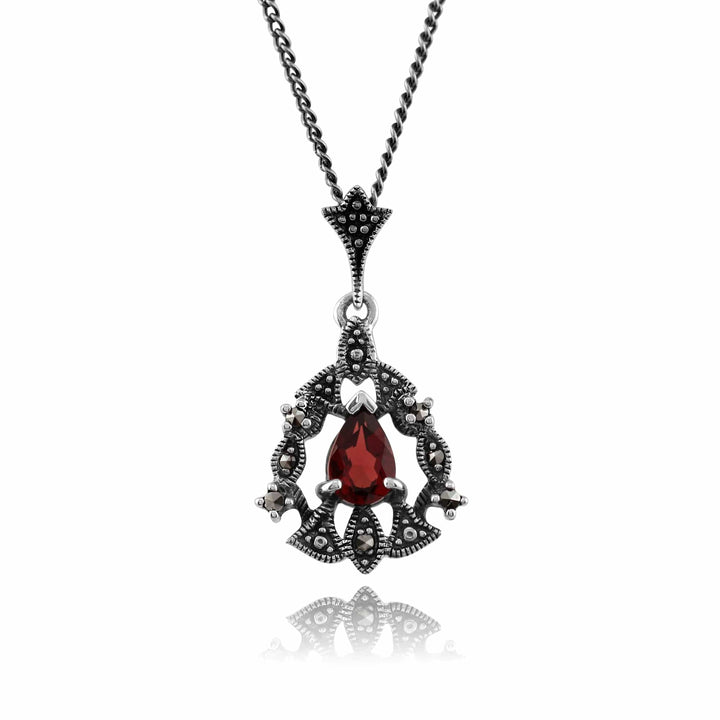 Art Nouveau Style Pear Garnet & Marcasite Garland Pendant in Silver - Gemondo