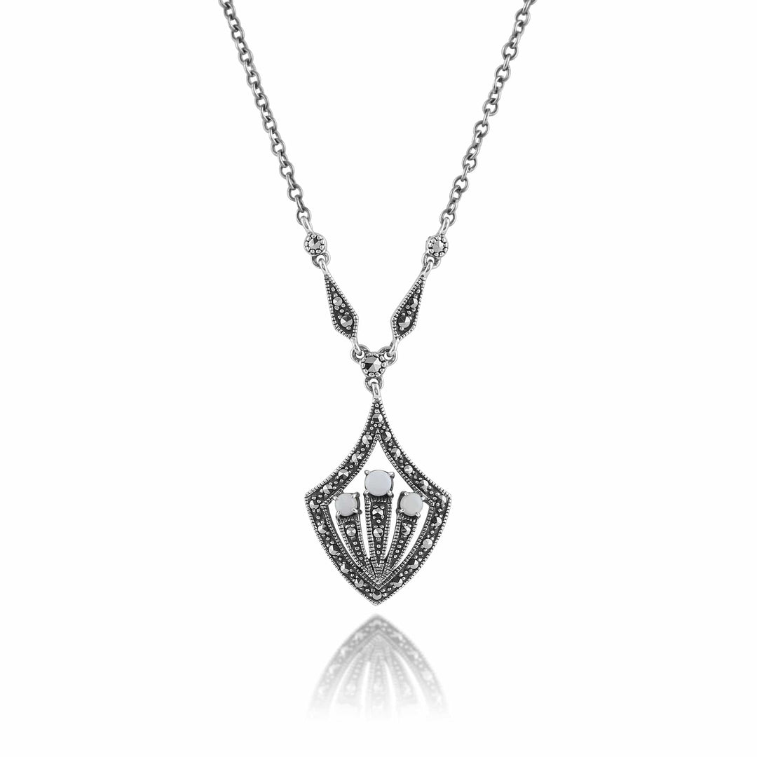 Art Deco Style Round Opal Cabochon & Marcasite Necklace 