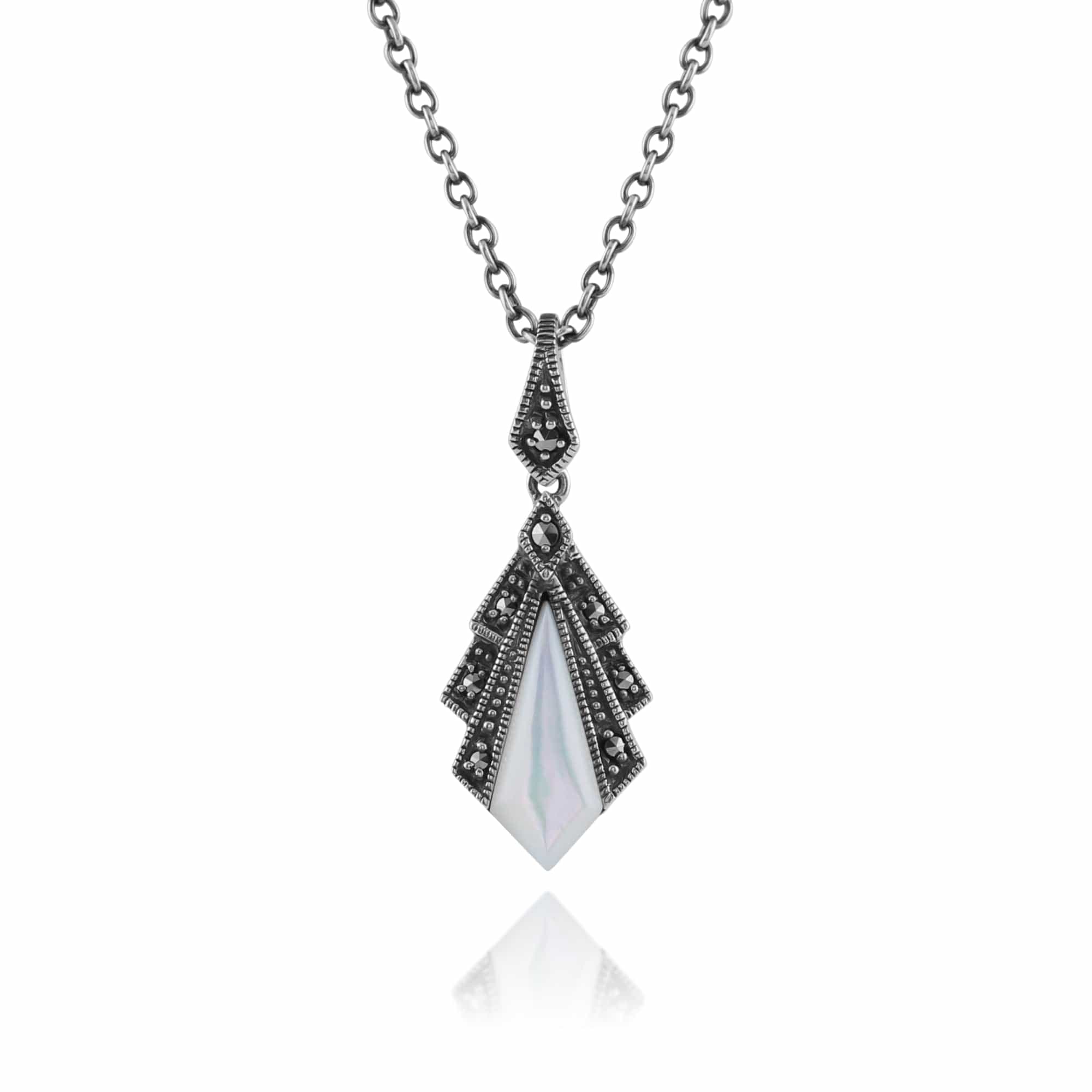 Art Deco Style Mother of Pearl & Marcasite Pendant in 925 Sterling Silver - Gemondo