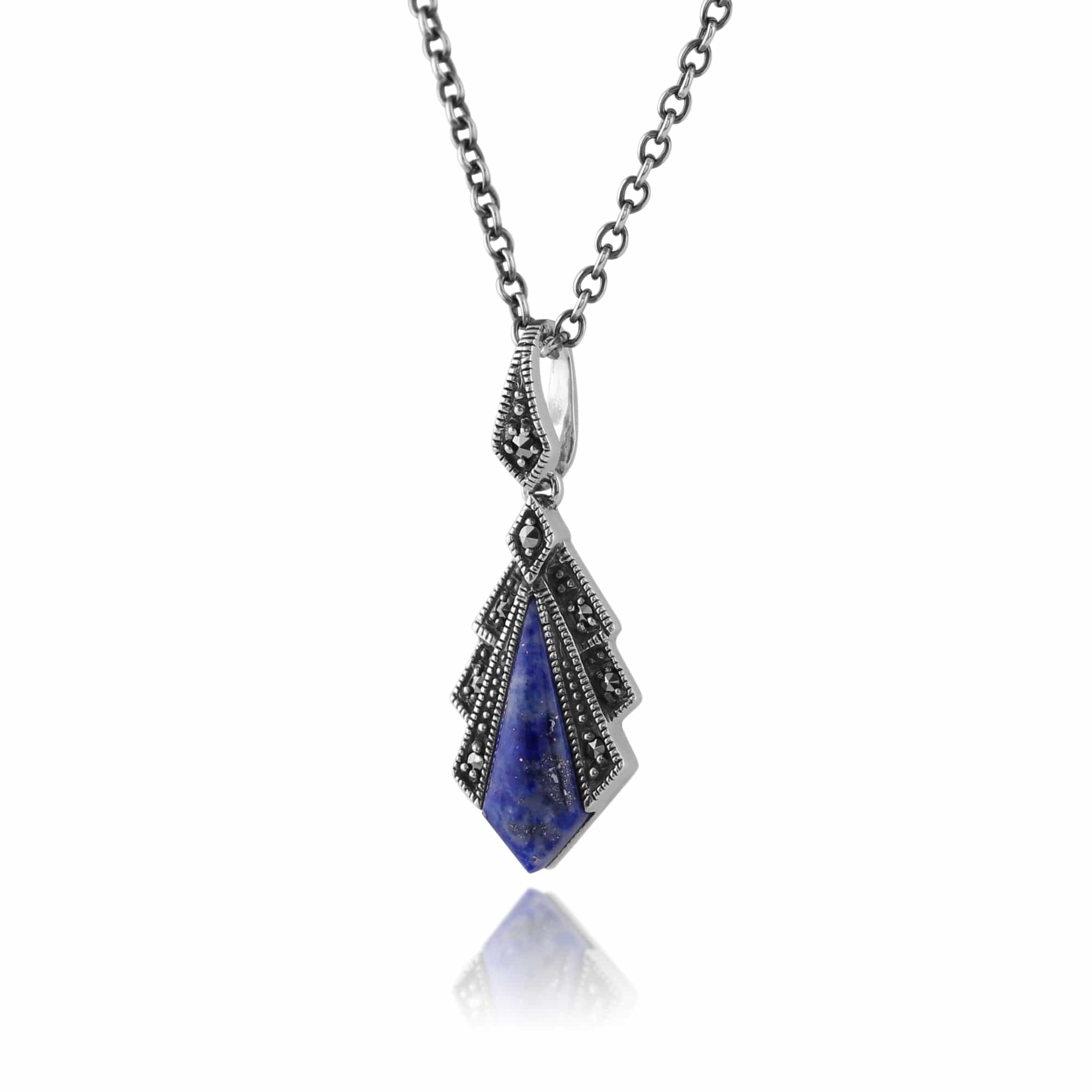 214N658202925 Art Deco Style Lapis Lazuli & Marcasite Pendant in 925 Sterling Silver 3