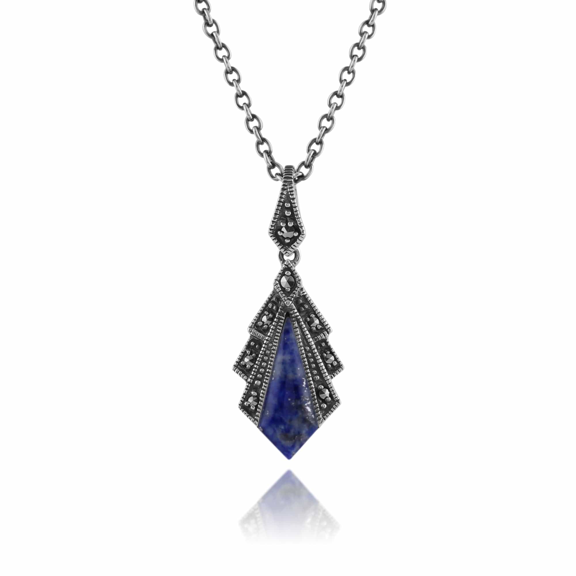 Art Deco Style Lapis Lazuli & Marcasite Pendant in 925 Sterling Silver - Gemondo