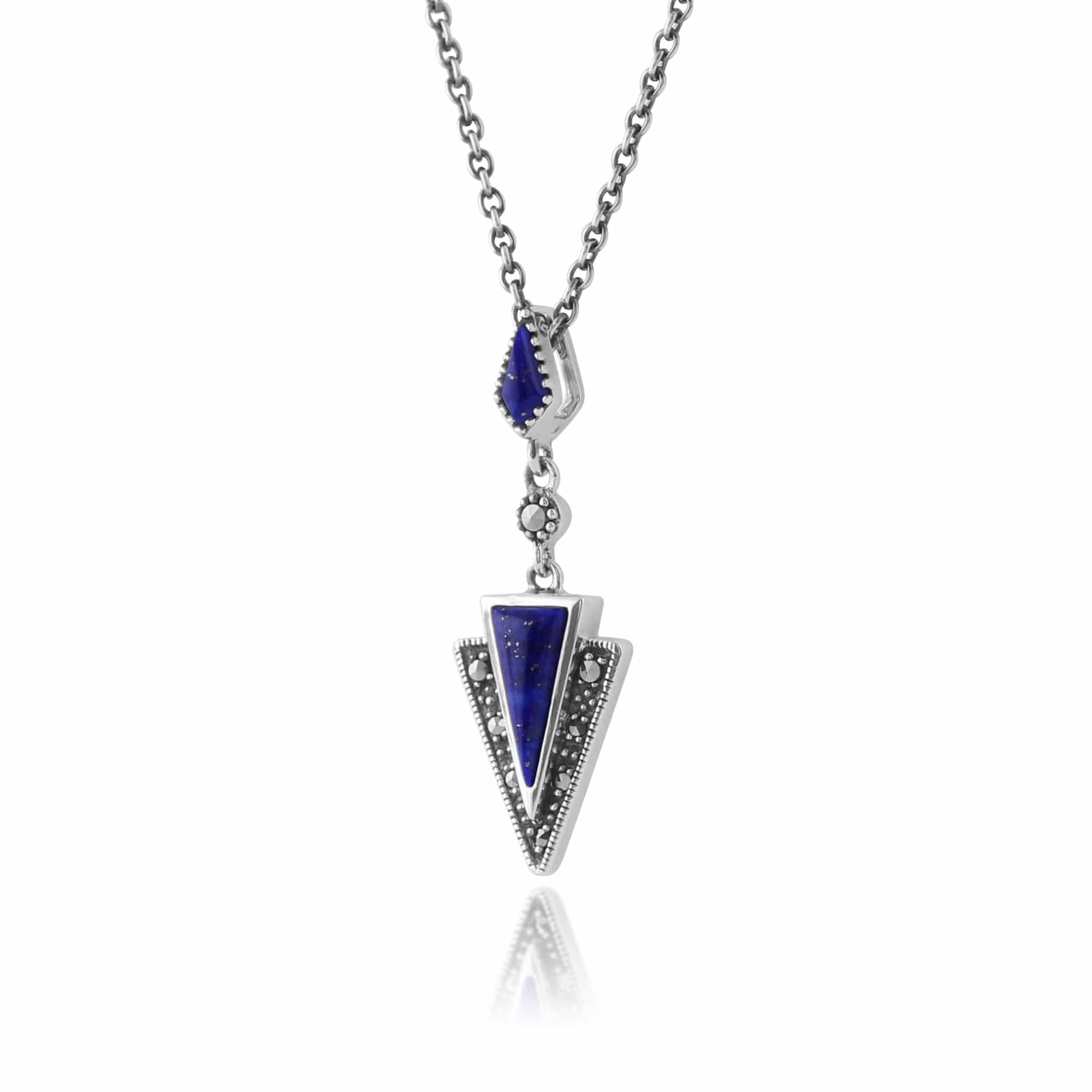 Art Deco Lapis Lazuli & Marcasite Triangle Drop Earrings & Pendant Set Image 5