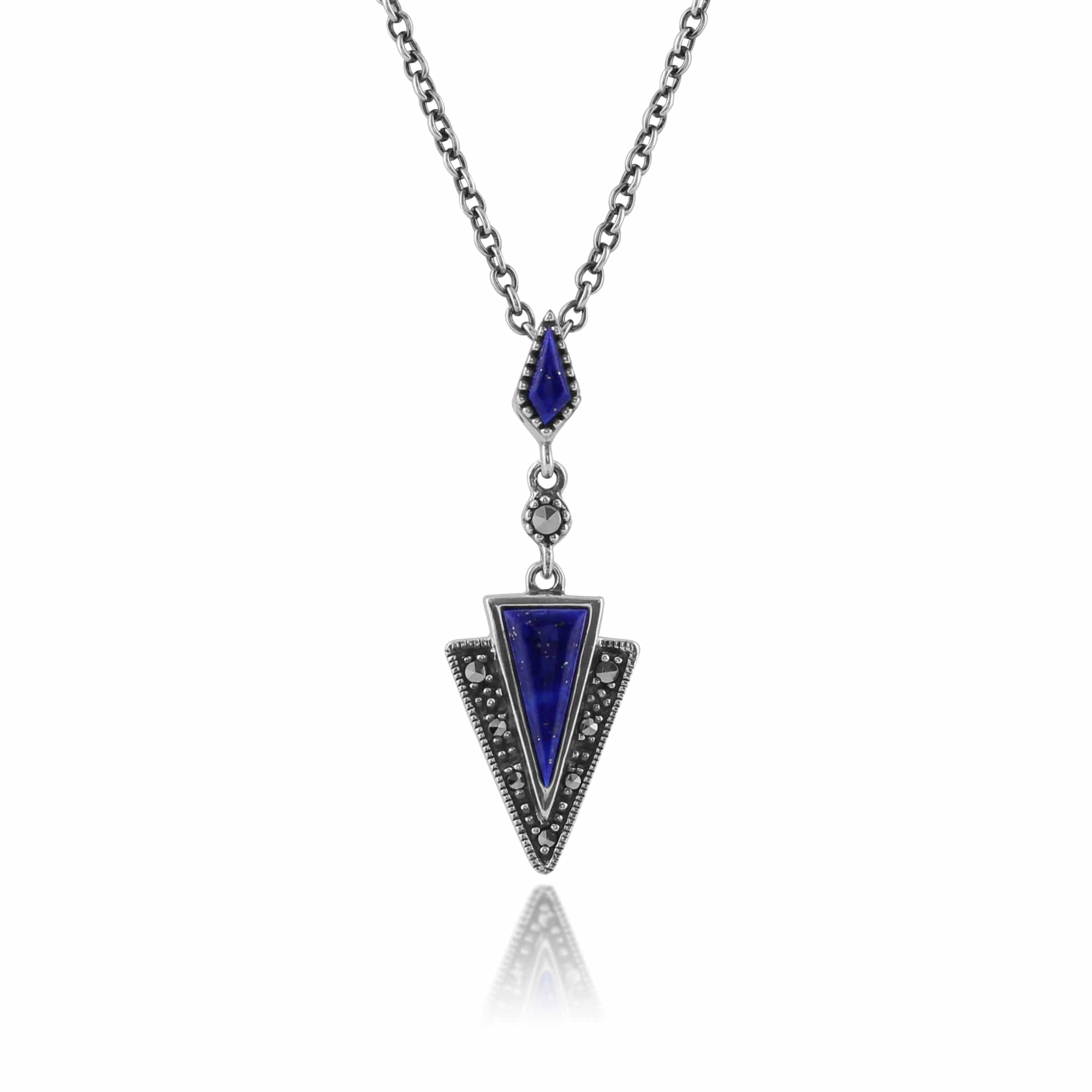 Art Deco Lapis Lazuli & Marcasite Triangle Drop Earrings & Pendant Set Image 4