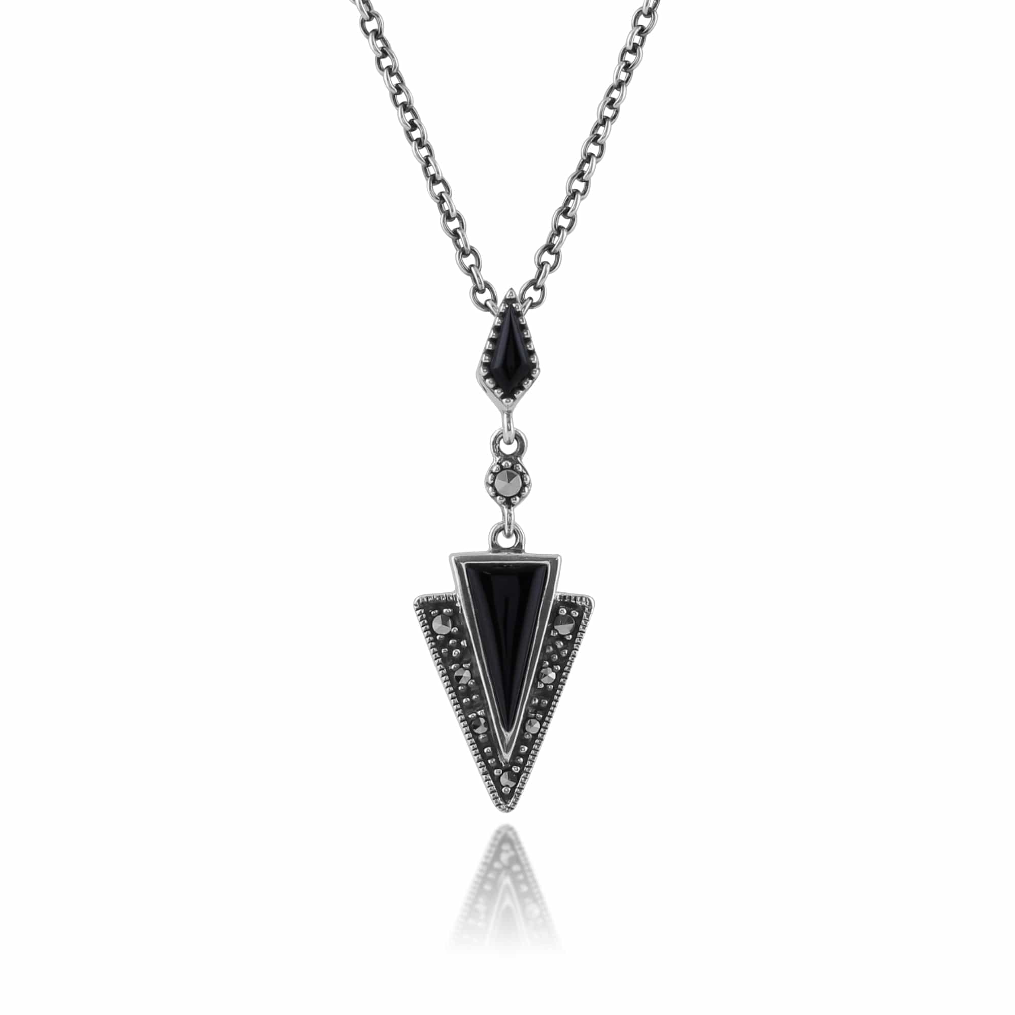 Art Deco Style Black Onyx & Marcasite Pendant in 925 Sterling Silver - Gemondo
