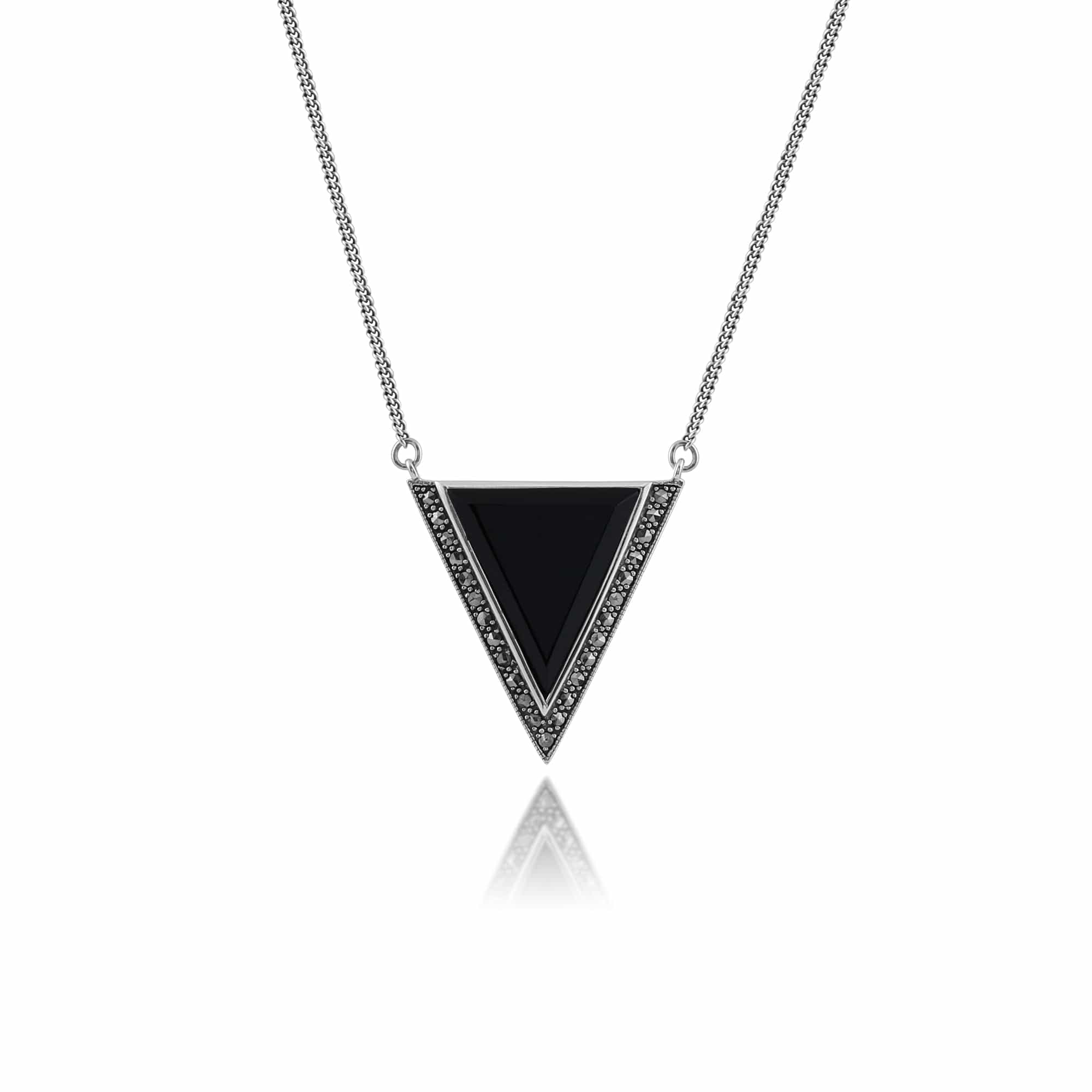 Art Deco Style Triangle Black Onyx & Marcasite Necklace in 925 Sterling Silver - Gemondo