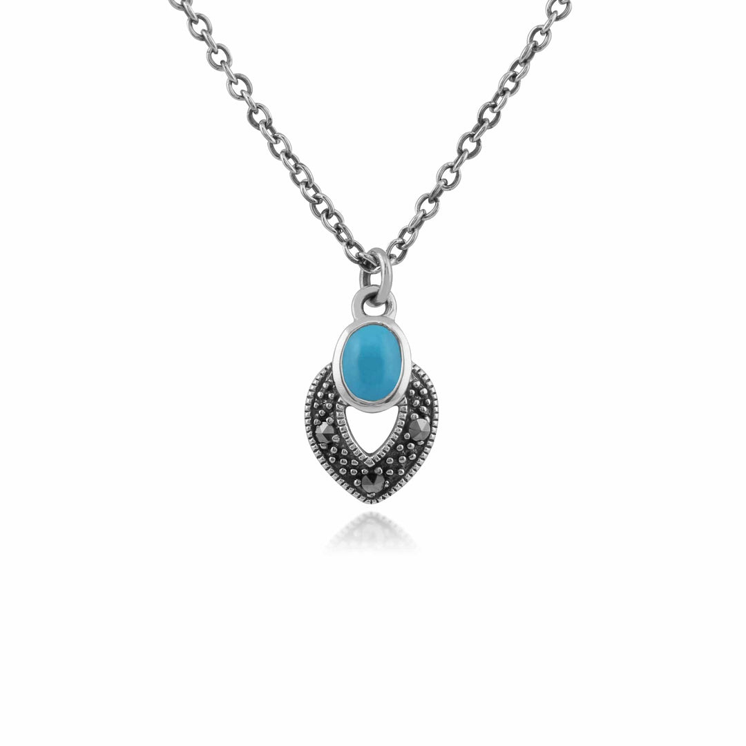 Art Deco Style Oval Turquoise & Marcasite Necklace in 925 Sterling Silver - Gemondo